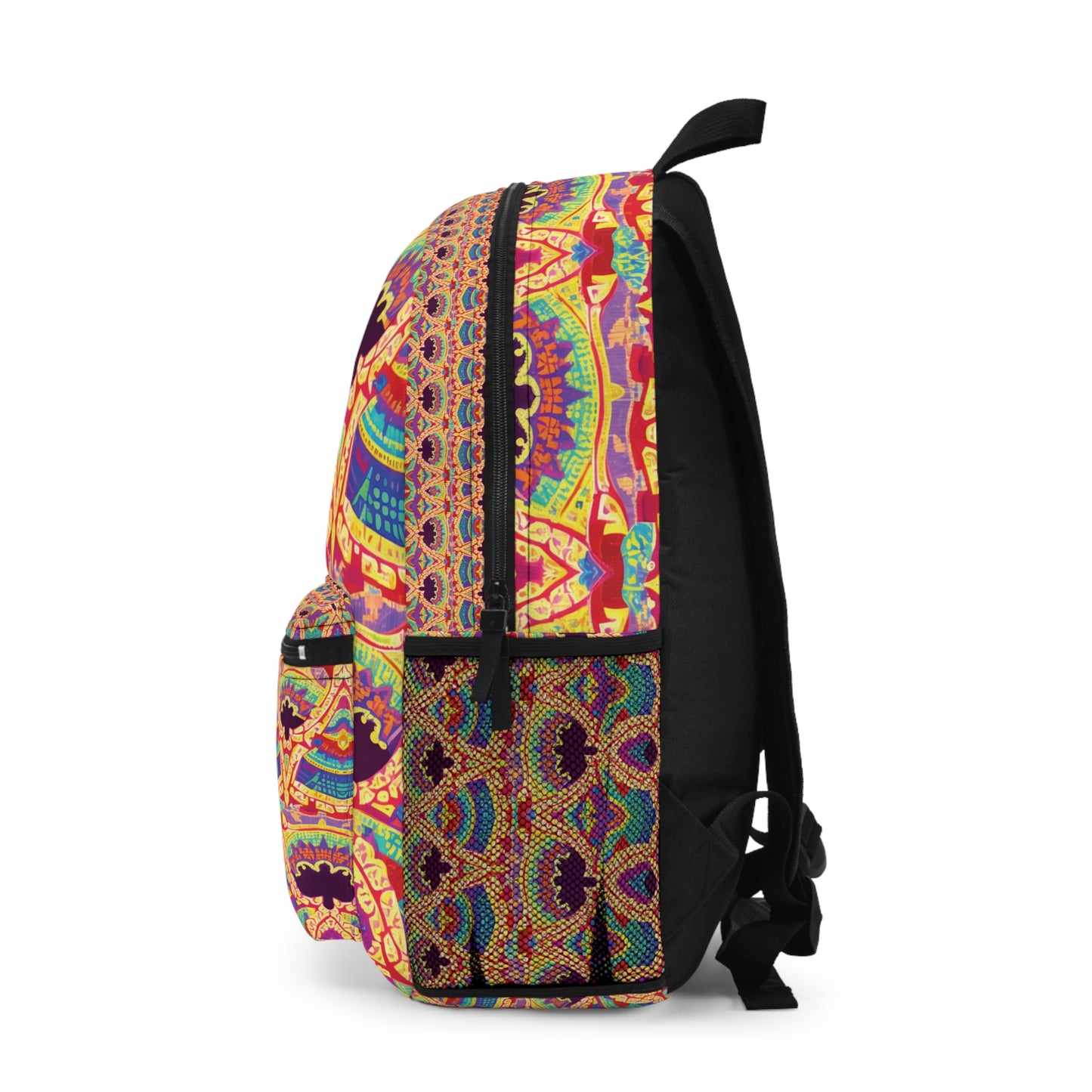 A boho chic rucksack with a vibrant, multicolored geometric and mandala pattern covers the entire surface. The side view shows black zippers, a mesh pocket, and black straps, with intricate red, yellow, green, and blue designs throughout.