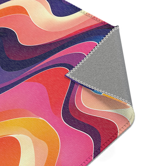 Abstract wavy pattern with vibrant colors like purple, blue, orange, pink, and cream.