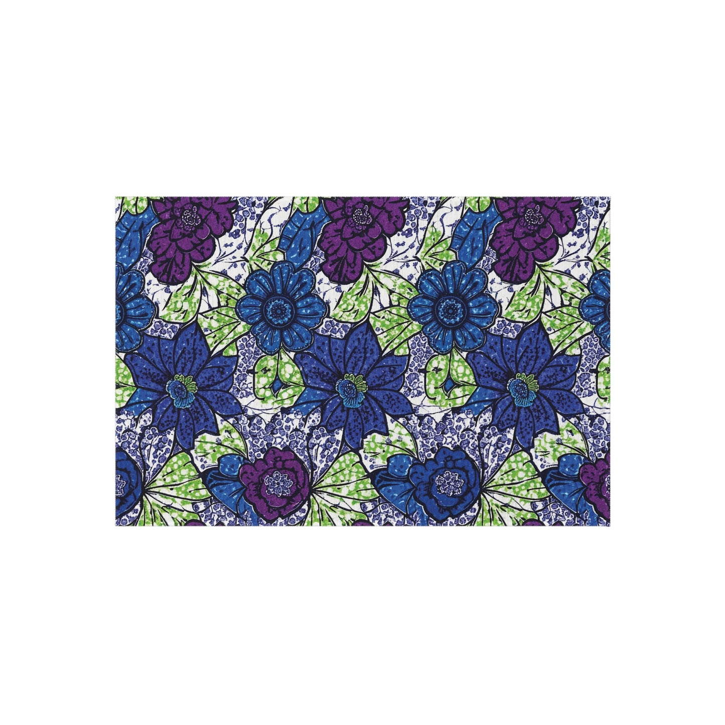 A colorful floral pattern graces these weather-resistant outdoor rugs, featuring large, overlapping purple and blue flowers with intricate details, green leaves, and delicate blue line accents on a white background. The vibrant design repeats across the surface.