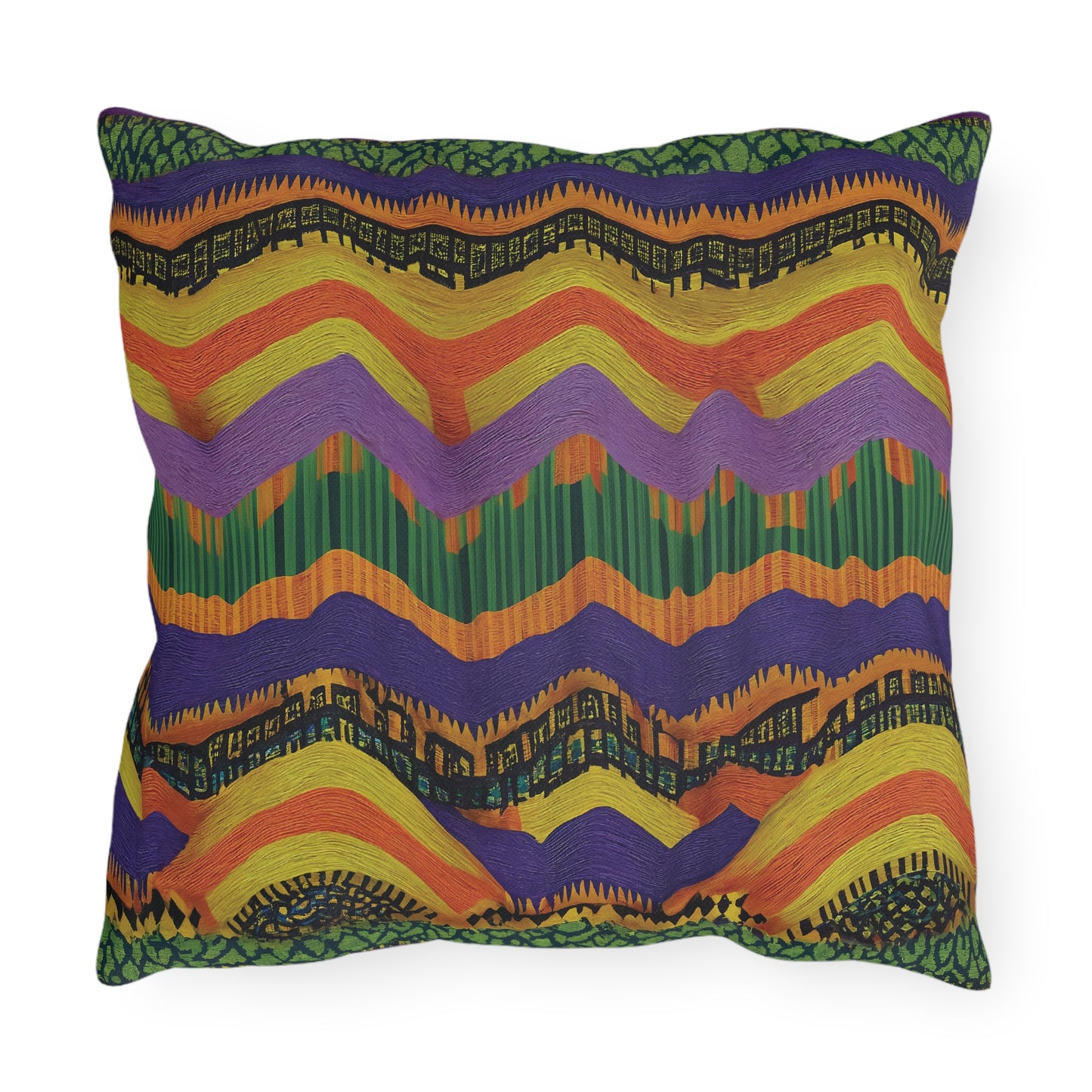 A decorative pillow with a bold, wavy zigzag pattern in vibrant hues. Crafted from UV-resistant fabric, this outdoor pillow features hand-drawn textures and repeating lines for a striking, abstract look that’s perfect for patios or gardens.