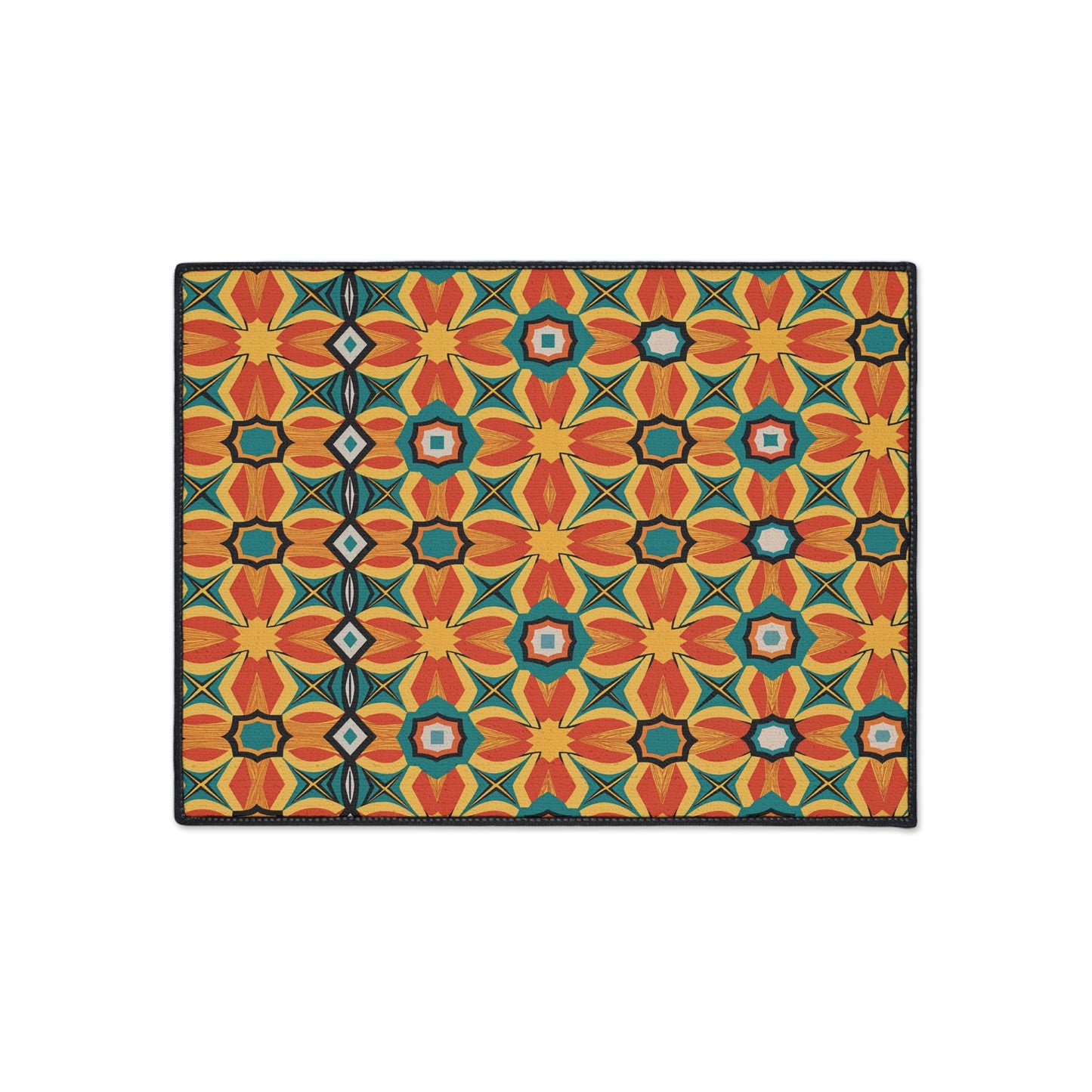Rectangular mat featuring a vibrant, African-inspired geometric pattern in red, orange, yellow, green, blue, and black. Flower-like shapes and star motifs create a bold kaleidoscopic effect. Includes non-slip rubber backing for added safety.