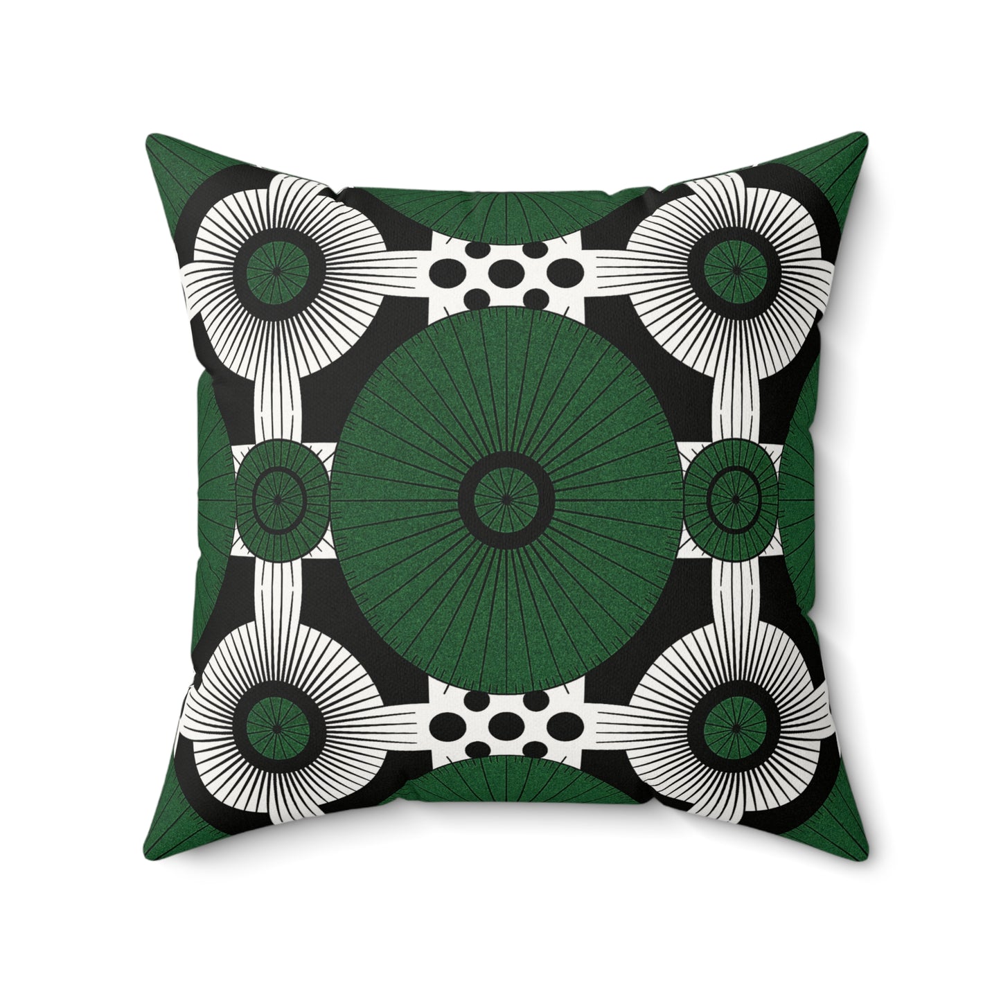 This green and black throw pillow features a bold geometric pattern with a large green central circle, white radiating lines, and black polka dots—an eye-catching African accent pillow crafted in soft faux suede for modern style.