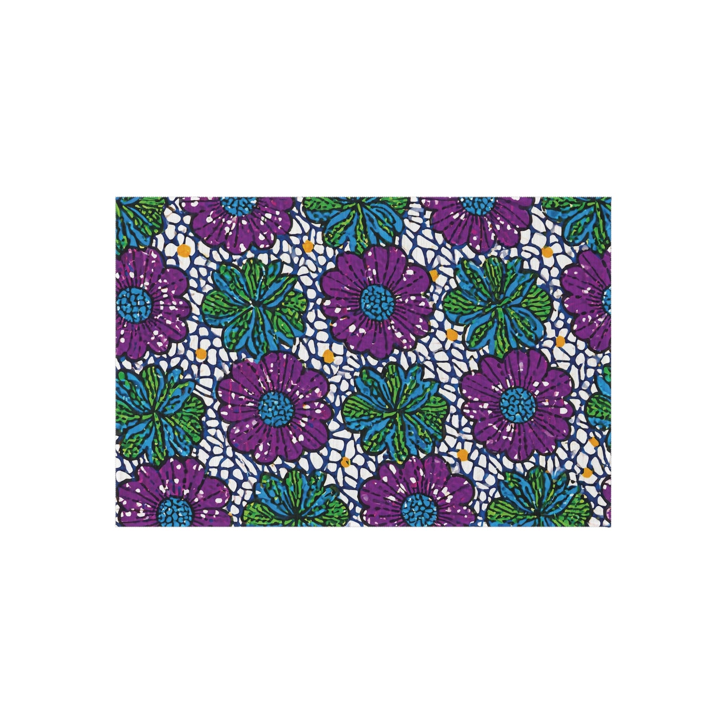 A rectangular pattern featuring large, stylized purple flowers with blue centers and green leaves adorns these African-inspired outdoor rugs. Outlined in black on a white background, the weather-resistant rugs create a vibrant, bold contrast for any space.