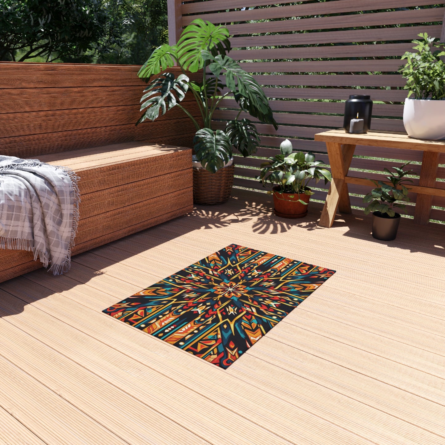 A cozy patio with wooden deck flooring features an African-inspired outdoor rug in colorful geometric patterns, a wicker bench with a gray blanket, potted plants, and a wooden table holding a teapot. Sunlight streams through slatted fencing, highlighting the greenery.