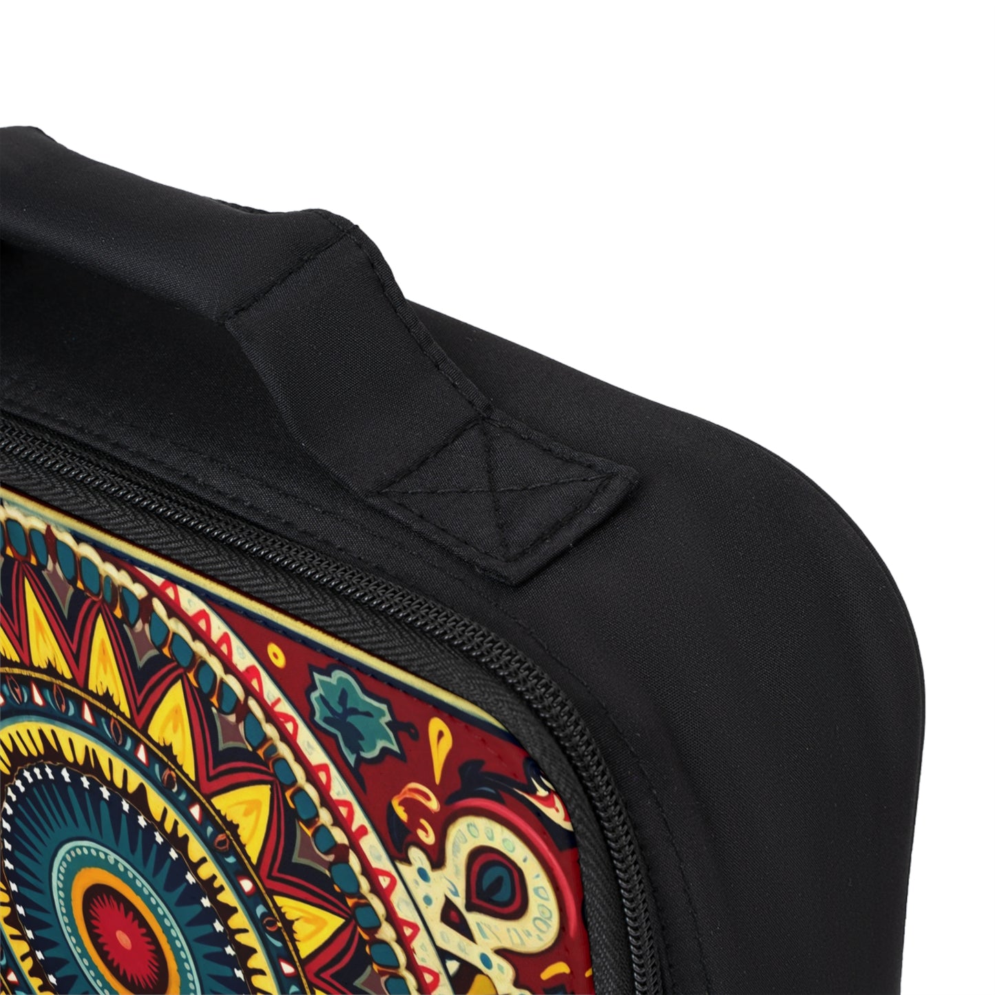 A close-up of an African-inspired lunch bag’s top corner, showing a black handle and zipper. The bag features a vibrant, multicolored mandala design with intricate geometric and floral patterns in red, yellow, blue, and teal.