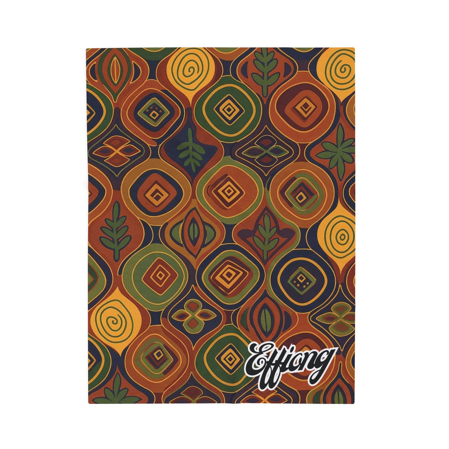 A notebook cover featuring a retro-inspired, geometric pattern in warm tones of orange, yellow, brown, and green. Concentric diamonds and leaf shapes evoke African-inspired blanket designs. The lower right displays “Effiong” in white script.