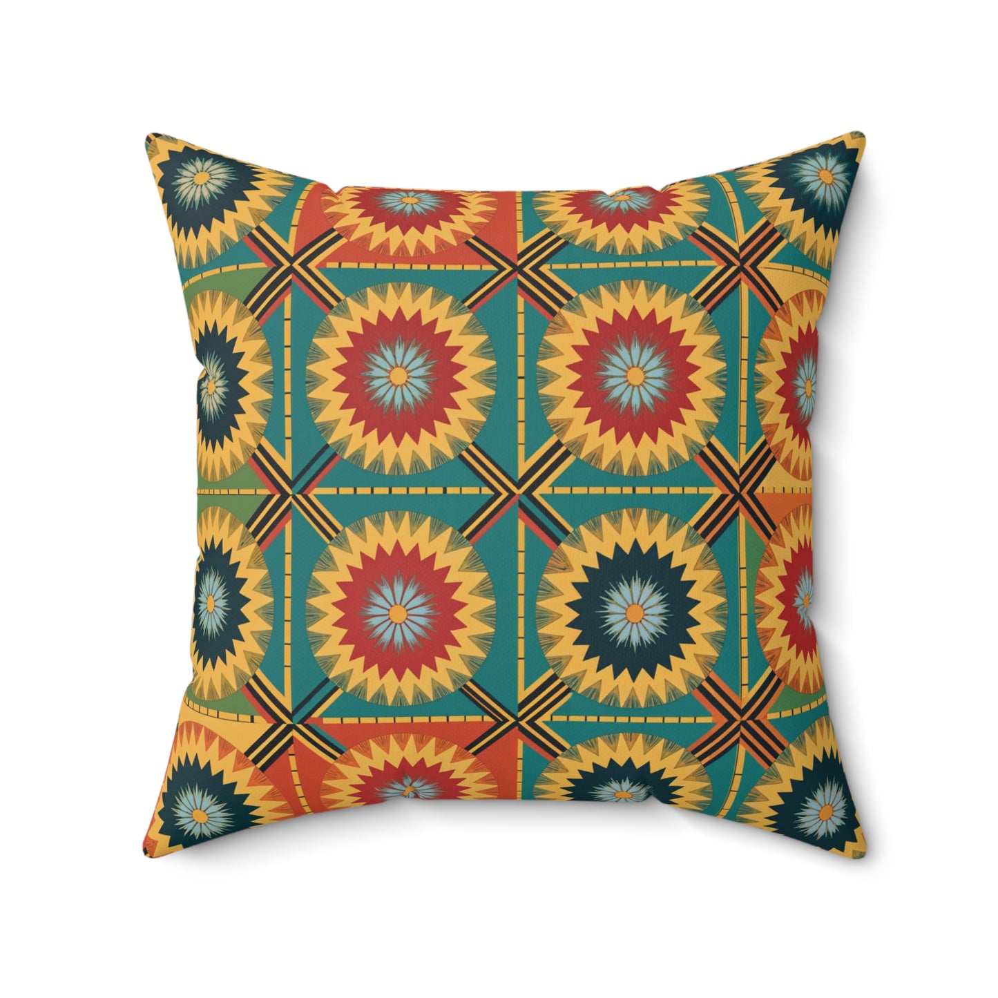 Square throw pillow featuring a bold geometric pattern with concentric starburst shapes in yellow, red, and blue. The teal background with intersecting lines creates vibrant patterns, making it a striking choice for unique decor. Set on a white background.