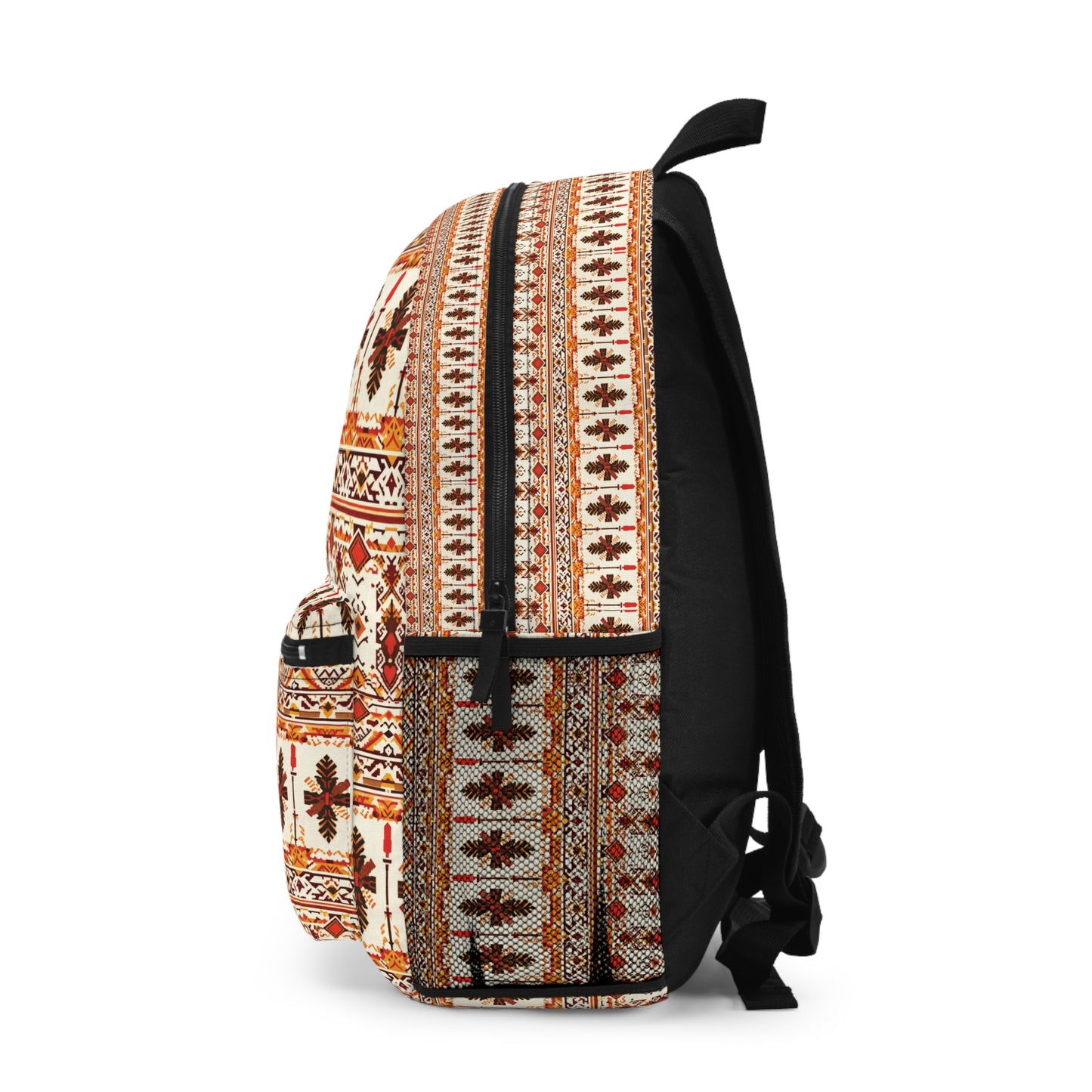 Side view of an African-inspired backpack with a tribal pattern in earthy brown, orange, and cream. This travel backpack features a roomy main compartment, front pocket, black zippers and straps, plus a solid black back and interior.