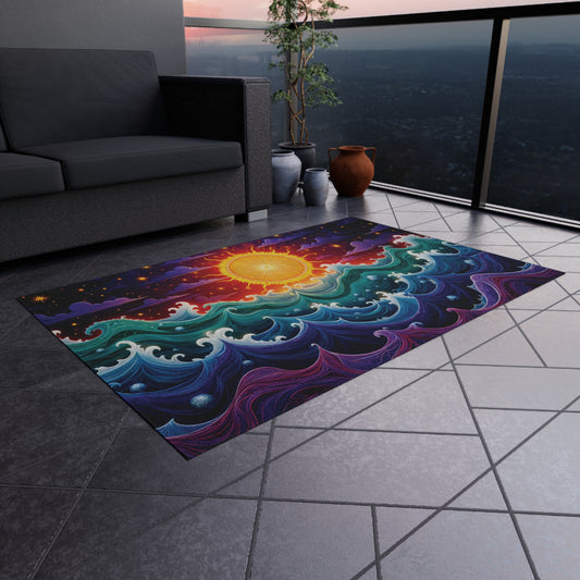 A modern patio with gray tile flooring features an African-inspired outdoor rug made of weather-resistant polyester chenille, depicting a vibrant sun, swirling sea waves, and stars. There’s a gray sofa, potted plants, and a city view beyond the glass railing at sunset.