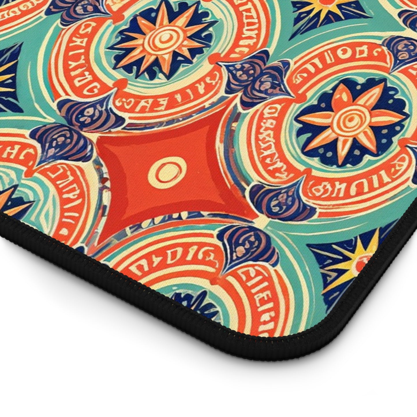 A close-up of a neoprene desk mat with a vibrant, symmetrical pattern featuring orange, blue, and cream star shapes, swirling lines, and ornate circular designs. The black edge frames this eye-catching ergonomic desk pad in an abstract style.