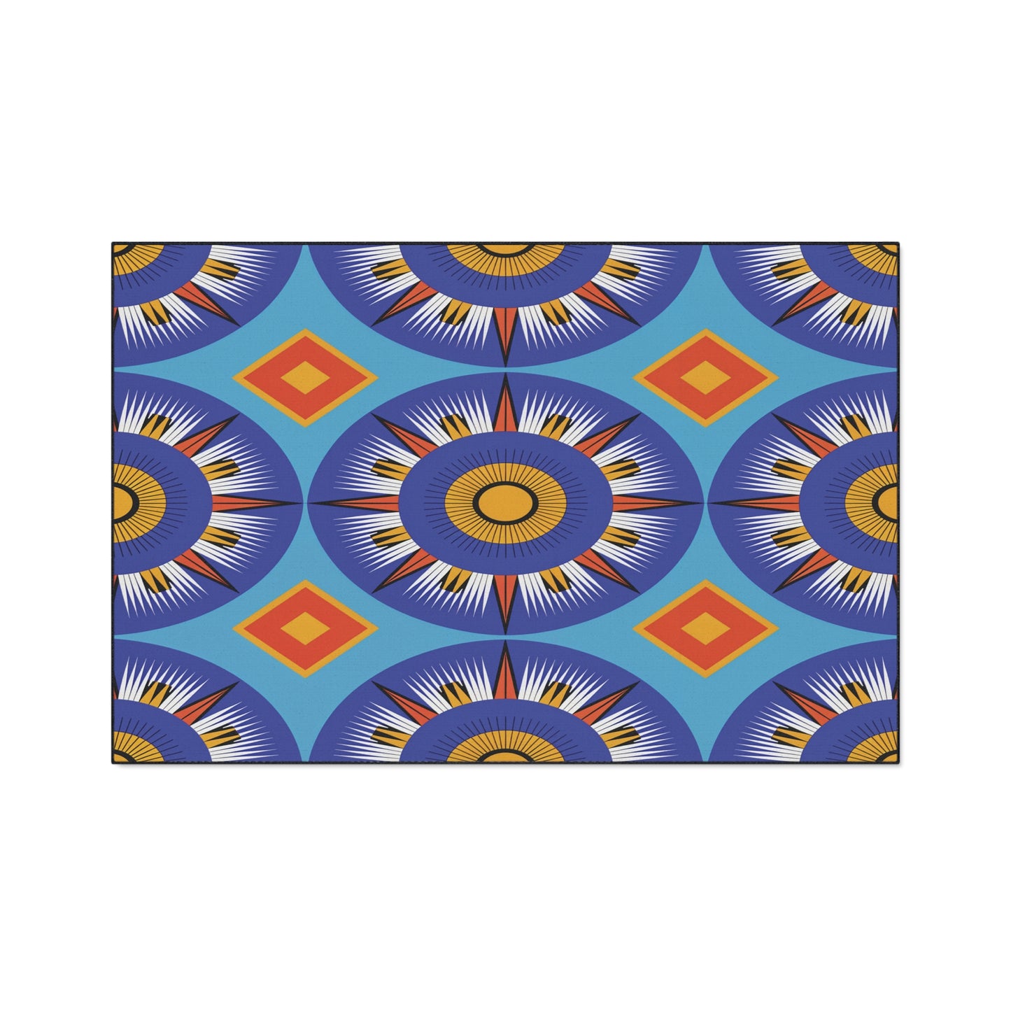 A repeating geometric pattern with blue, yellow, orange, and white starbursts surrounded by blue circles. This African-inspired design features orange and yellow diamonds on a blue background, creating a vibrant, symmetrical effect—perfect for custom floor mats.