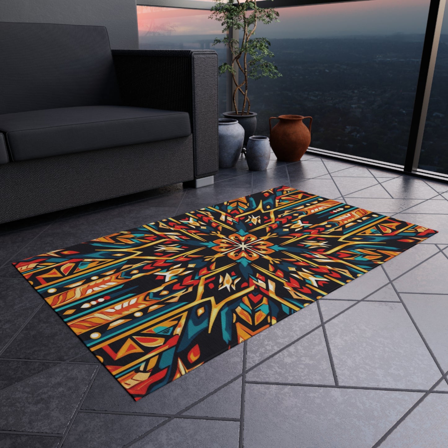 A colorful geometric area rug, crafted from weather-resistant polyester chenille with no-slip backing, displays bold orange, blue, red, and yellow patterns on gray tiled flooring beside a dark modern sofa. Potted plants and sunset city views complete the look.