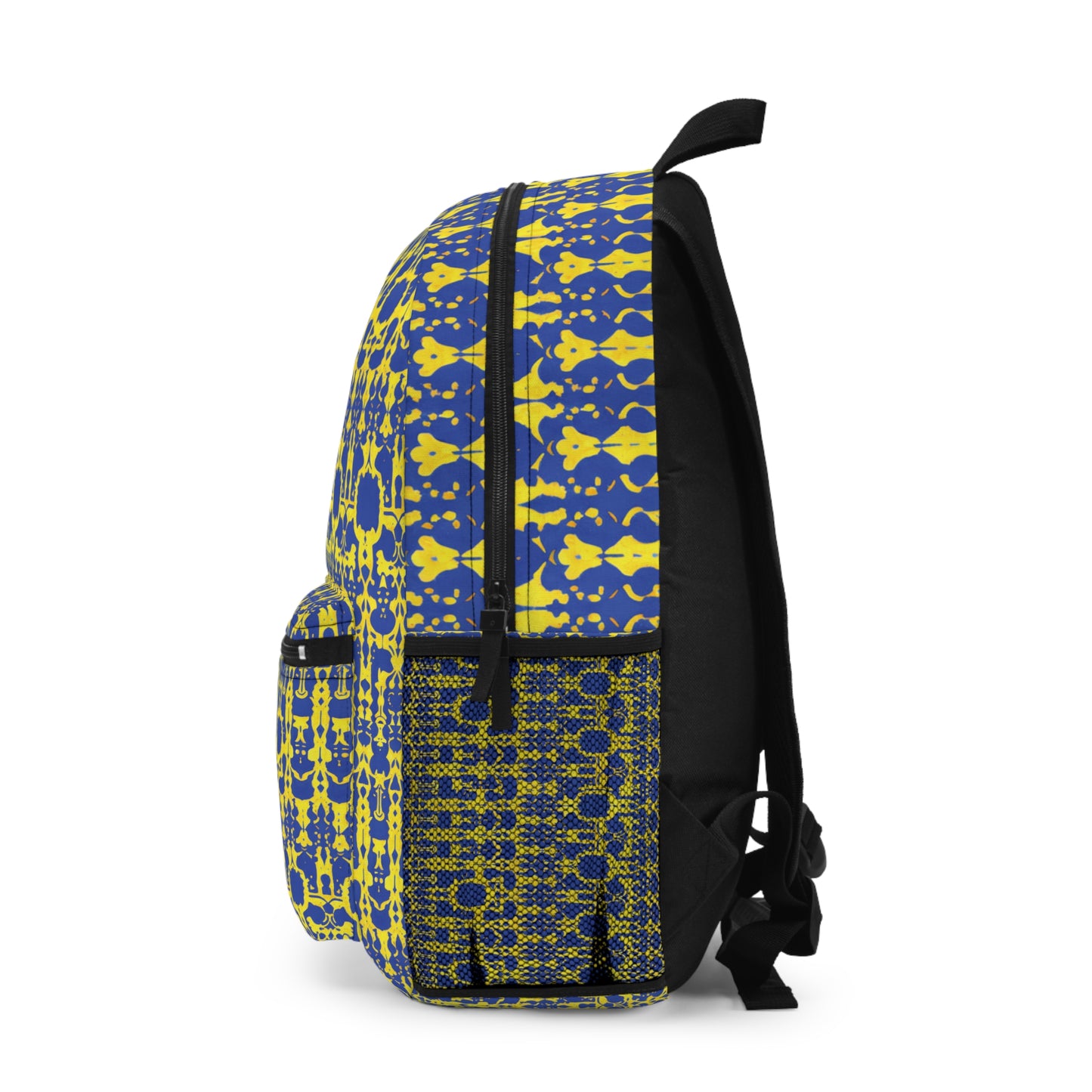 A side view of a vibrant backpack with a blue and yellow geometric and floral pattern. This African-inspired backpack features a front pocket, adjustable black straps, a black zipper, and back panel, with the bold design on the sides and front.