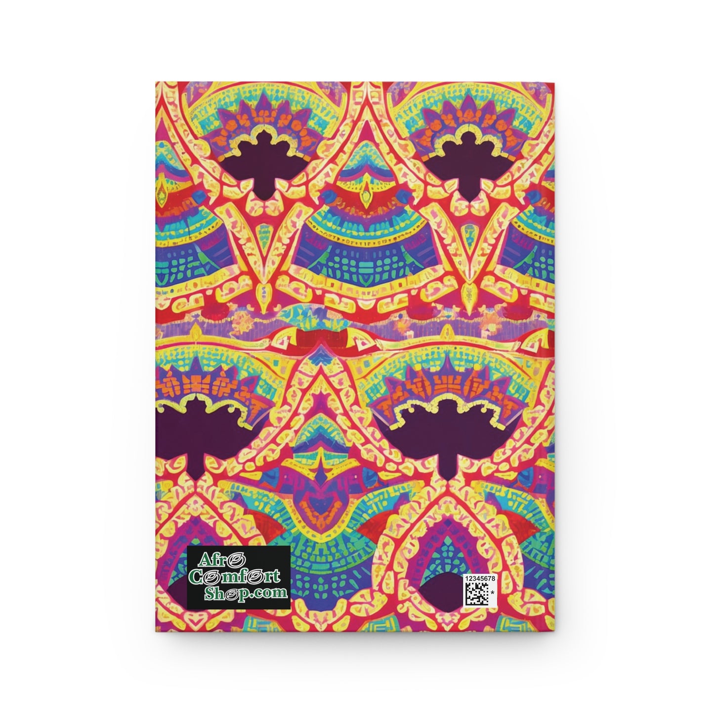 A brightly colored African-inspired hardcover journal cover with a symmetrical, abstract pattern in red, yellow, blue, and purple. The vibrant design features repeating arch shapes and floral motifs. “AfroComiXArtShop.com” logo and QR code appear in the lower-left corner.