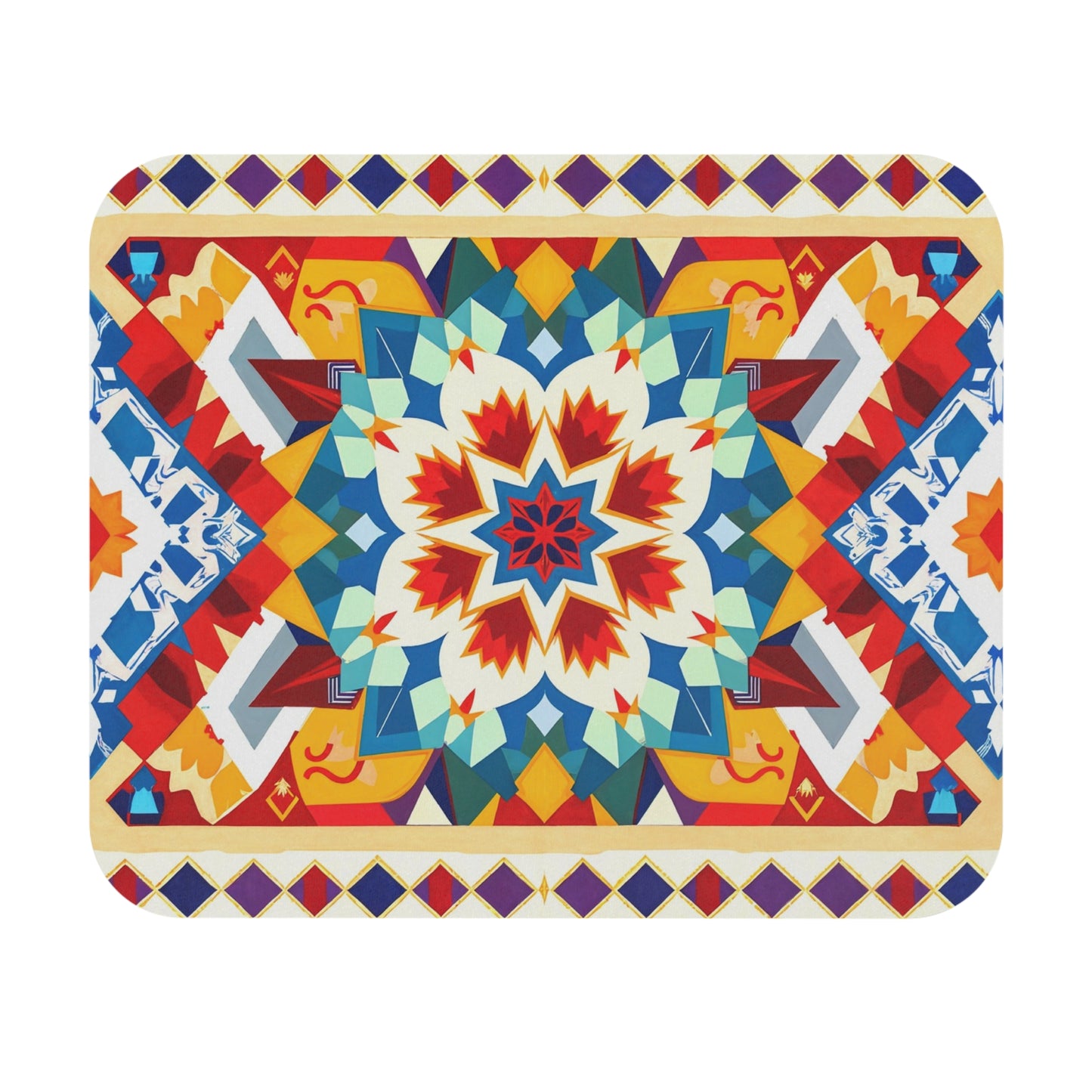 Colorful geometric mandala with a central starburst in red, blue, orange, and white; surrounded by abstract forms and bordered by purple, yellow, and red diamonds. This African-inspired mouse pad features a non-slip rubber base for lasting durability.