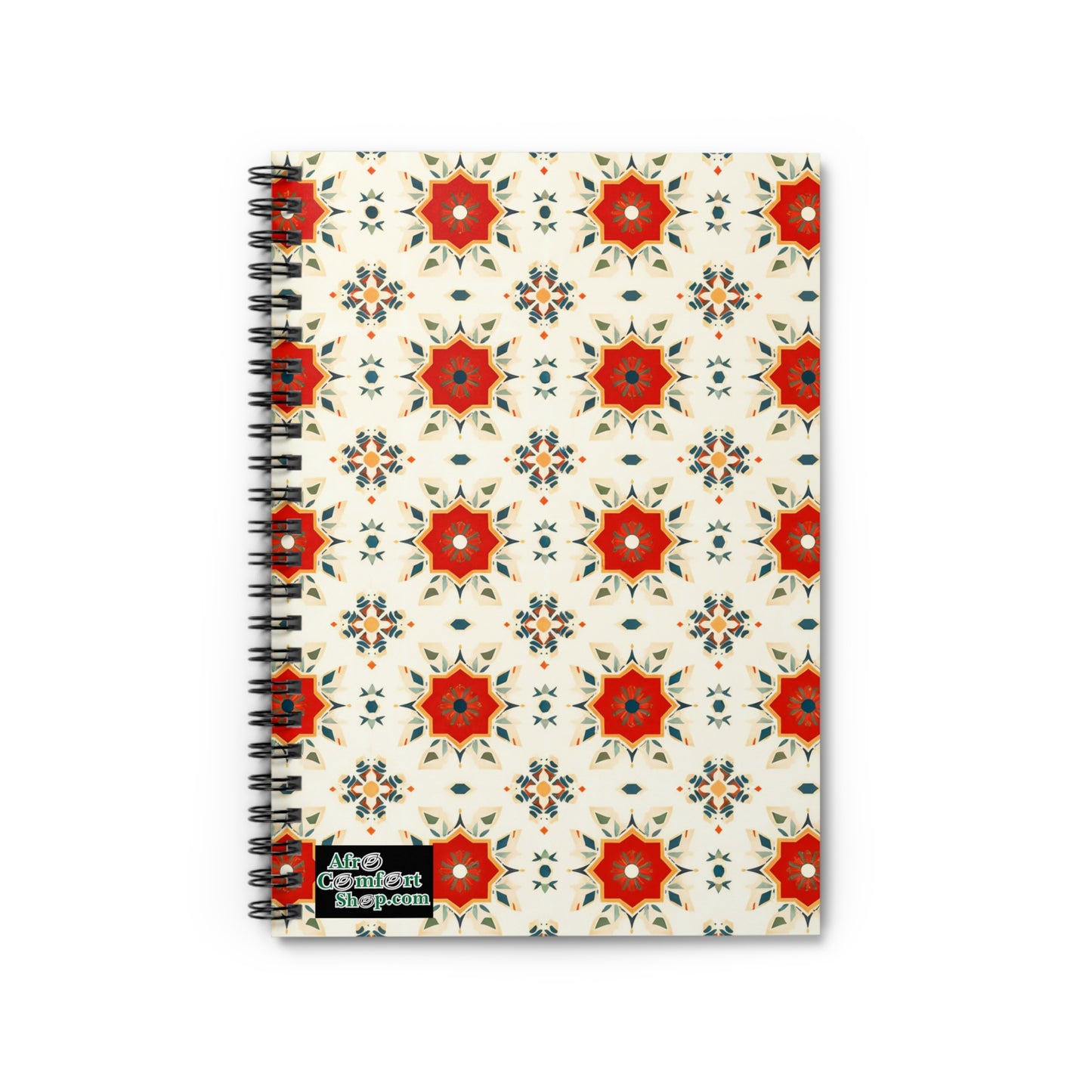 A spiral-bound, African-inspired notebook with a cream cover adorned in red and gold starburst patterns. A small black label in the corner reads “Aline Gabai Art shop.com” in white and green—perfect as a culturally inspired notebook.