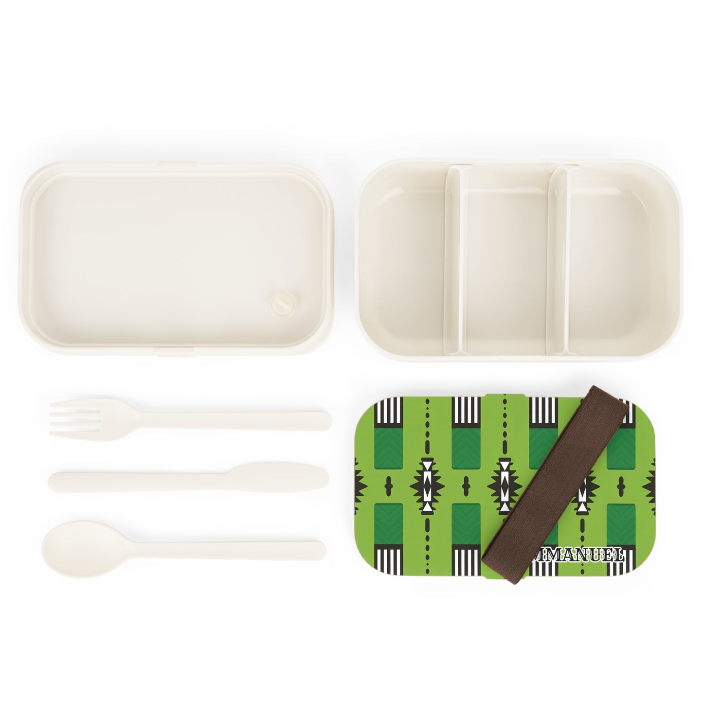 An African-inspired lunch box set featuring a green patterned lid, brown elastic strap, fork, spoon, and a two-part white container with three compartments is neatly arranged on a white background.