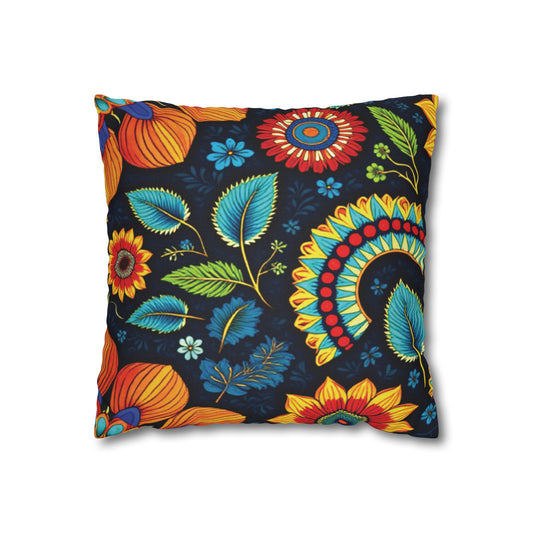 Square pillow with a dark background featuring a vibrant, colorful floral pattern and African-inspired patterns. Large orange, yellow, and red flowers mix with blue leaves and intricate mandala-like shapes for a lively, bold decorative look.