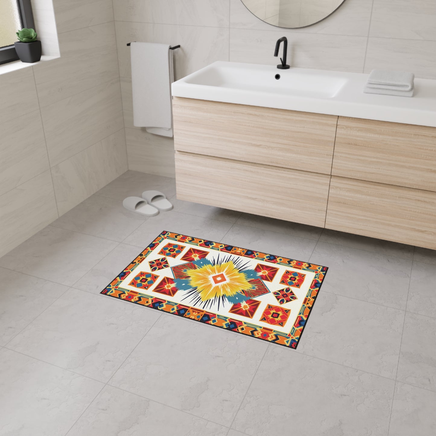 A modern bathroom with light wood cabinets, white sink, round mirror, and slippers. On the light gray tiled floor is a colorful decorative rug featuring a vibrant geometric Southwestern pattern and non-slip rubber backing for added safety.