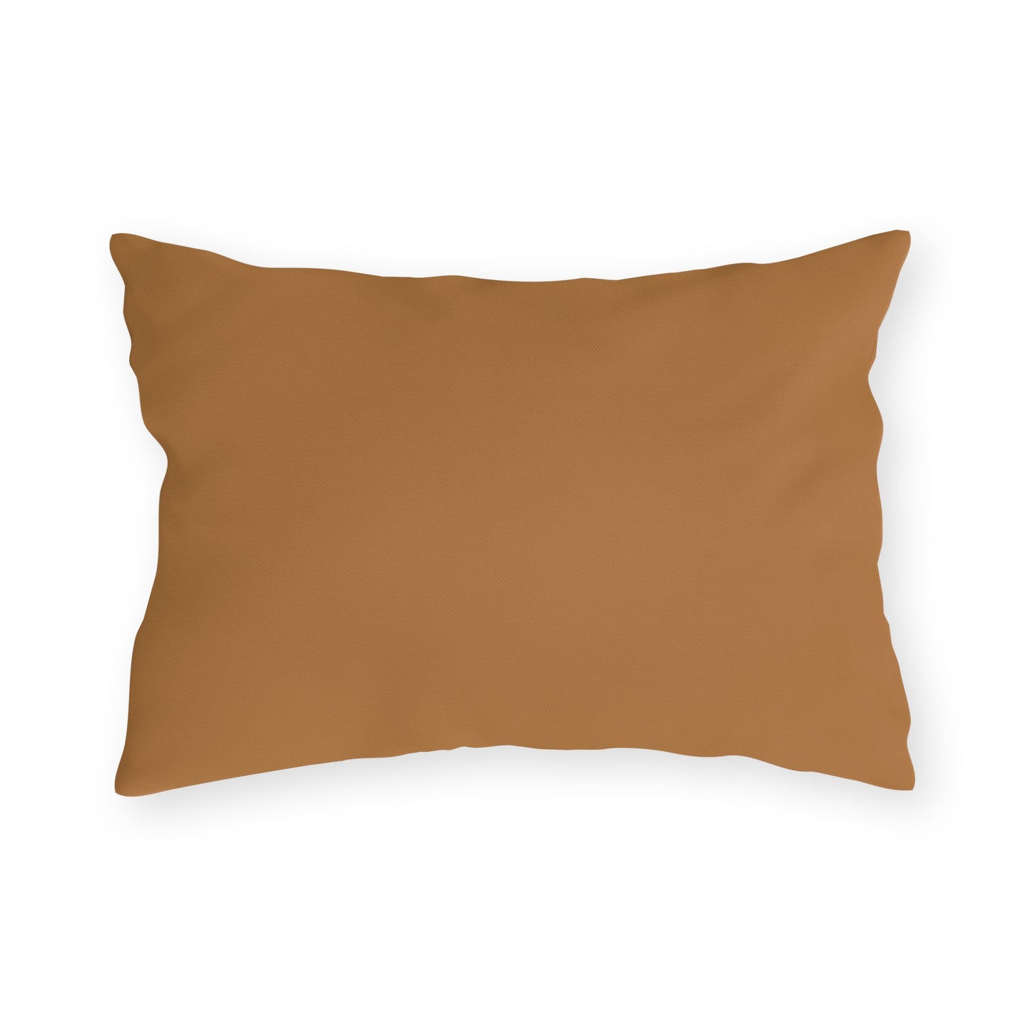 A rectangular, light brown outdoor pillow with a smooth, solid cover is shown against a plain white background. The pillow’s edges are slightly wrinkled, and its surface appears soft and plush.