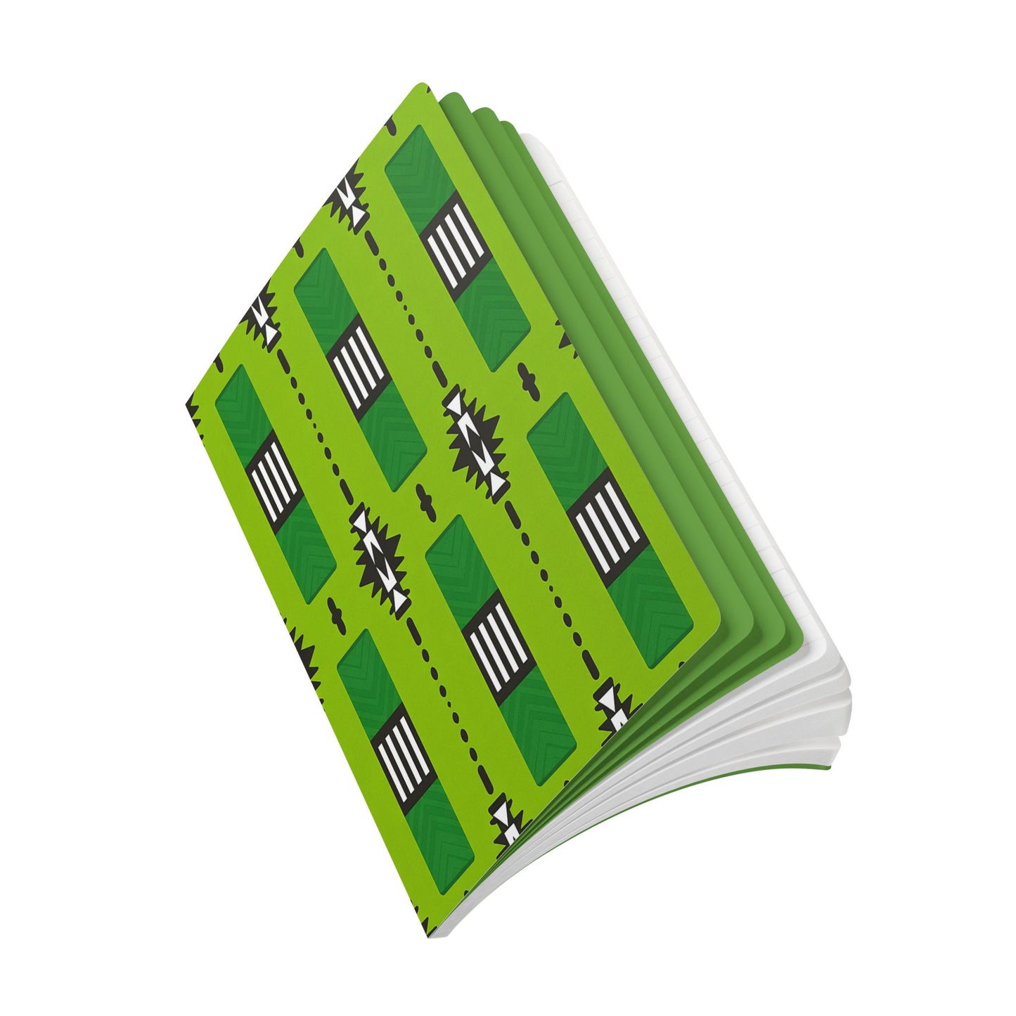 A green, open childrens board book is shown at an angle. The visible page features a repeating pattern of black rectangles with white stripes, dotted lines, starbursts, and small arrow shapes—reminiscent of an African-inspired journal.