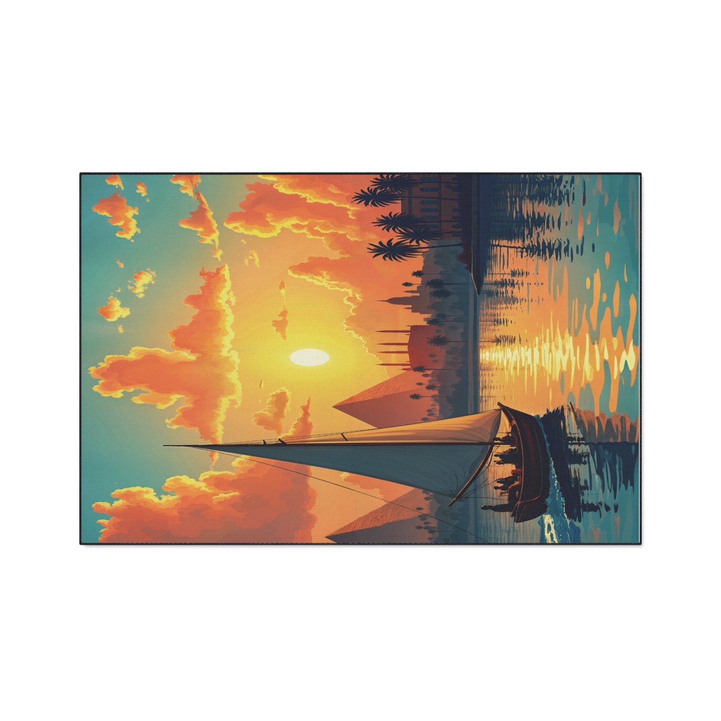 A sailboat glides along a reflective river at sunset, surrounded by orange clouds. African-inspired pyramids and palm trees line the shore, casting shadows in the warm light under a vibrant sky of gold, orange, and teal hues for a tranquil scene.