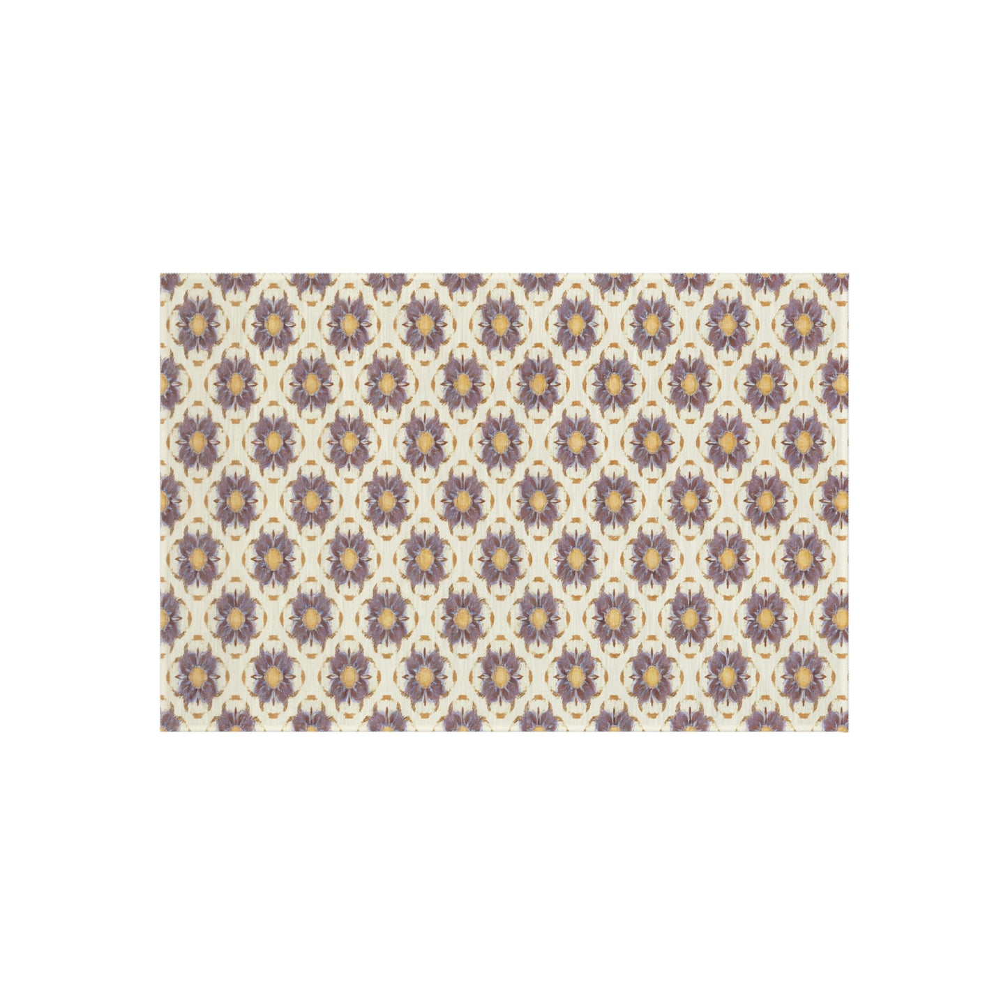 A rectangular tile features a repeating, African-inspired floral pattern with purple, blue, and yellow flowers, each surrounded by brown accents on a cream-colored background. The design forms a symmetrical, interlocking motif across the entire tile.