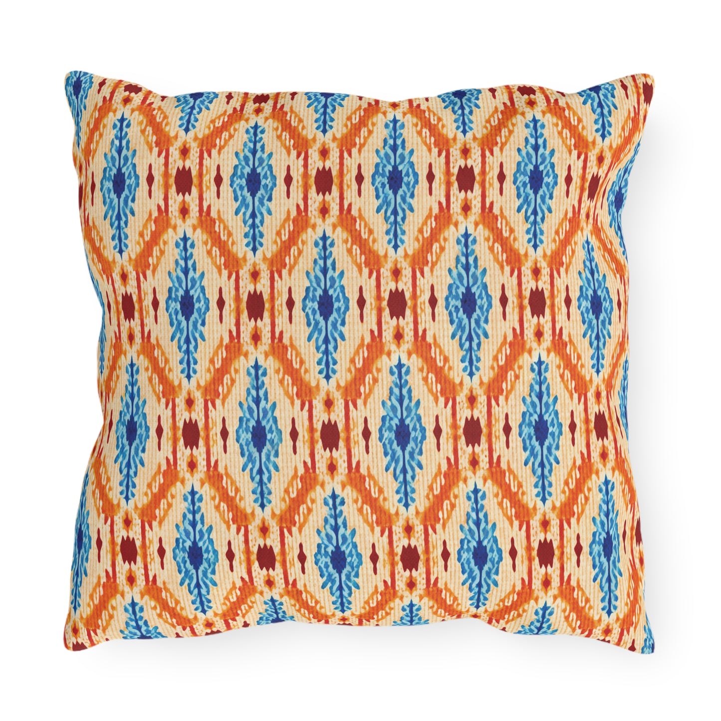 Square outdoor pillow with a colorful geometric and floral pattern featuring orange, blue, and red designs on a beige background. UV-resistant and water-resistant, this vibrant cushion is perfect for adding decorative flair to your outdoor space.