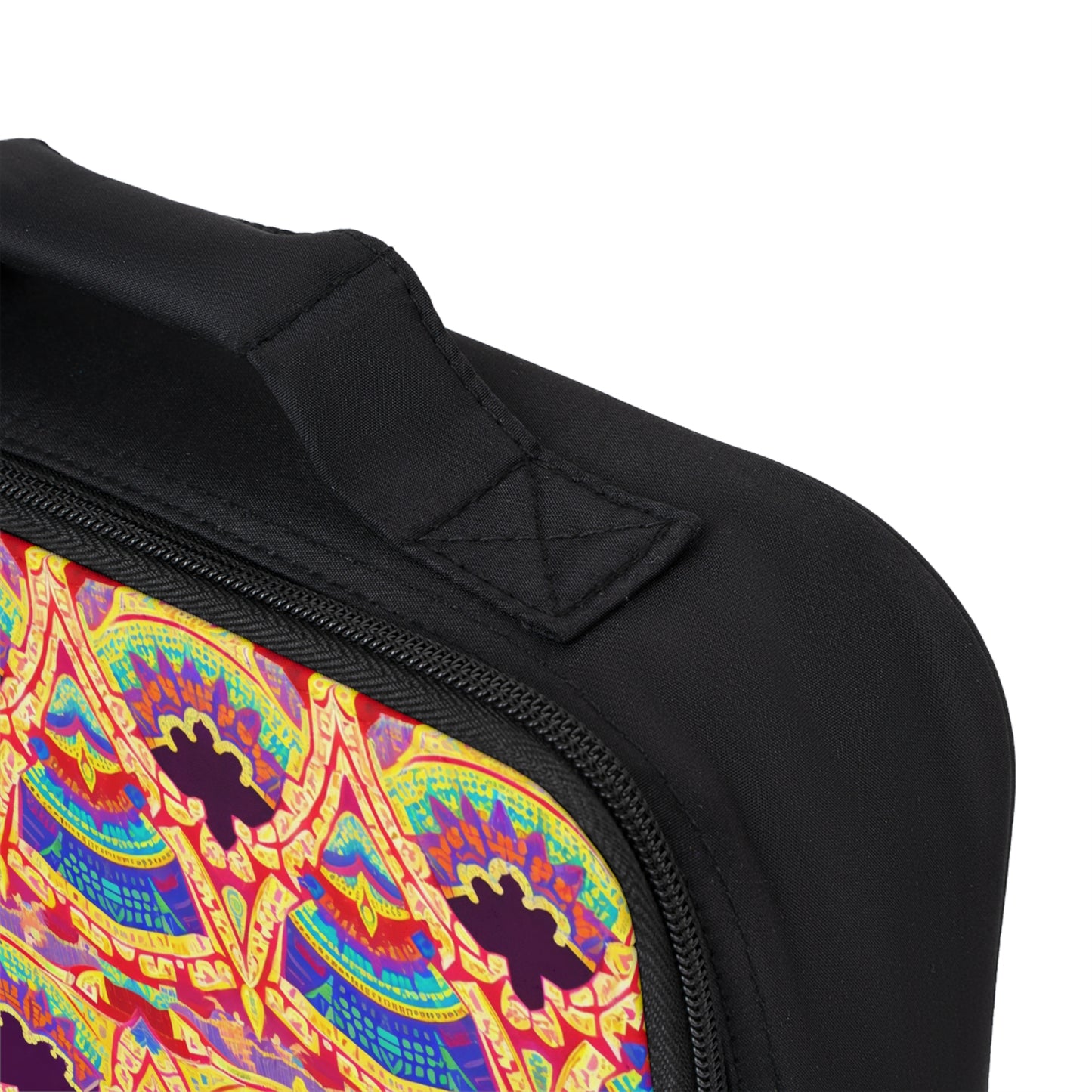 Close-up of an African-inspired lunch tote with a sturdy fabric handle and zipper. The bag features a colorful, intricate geometric and floral pattern in red, yellow, blue, and purple, focusing on the vibrant design and durable handle.