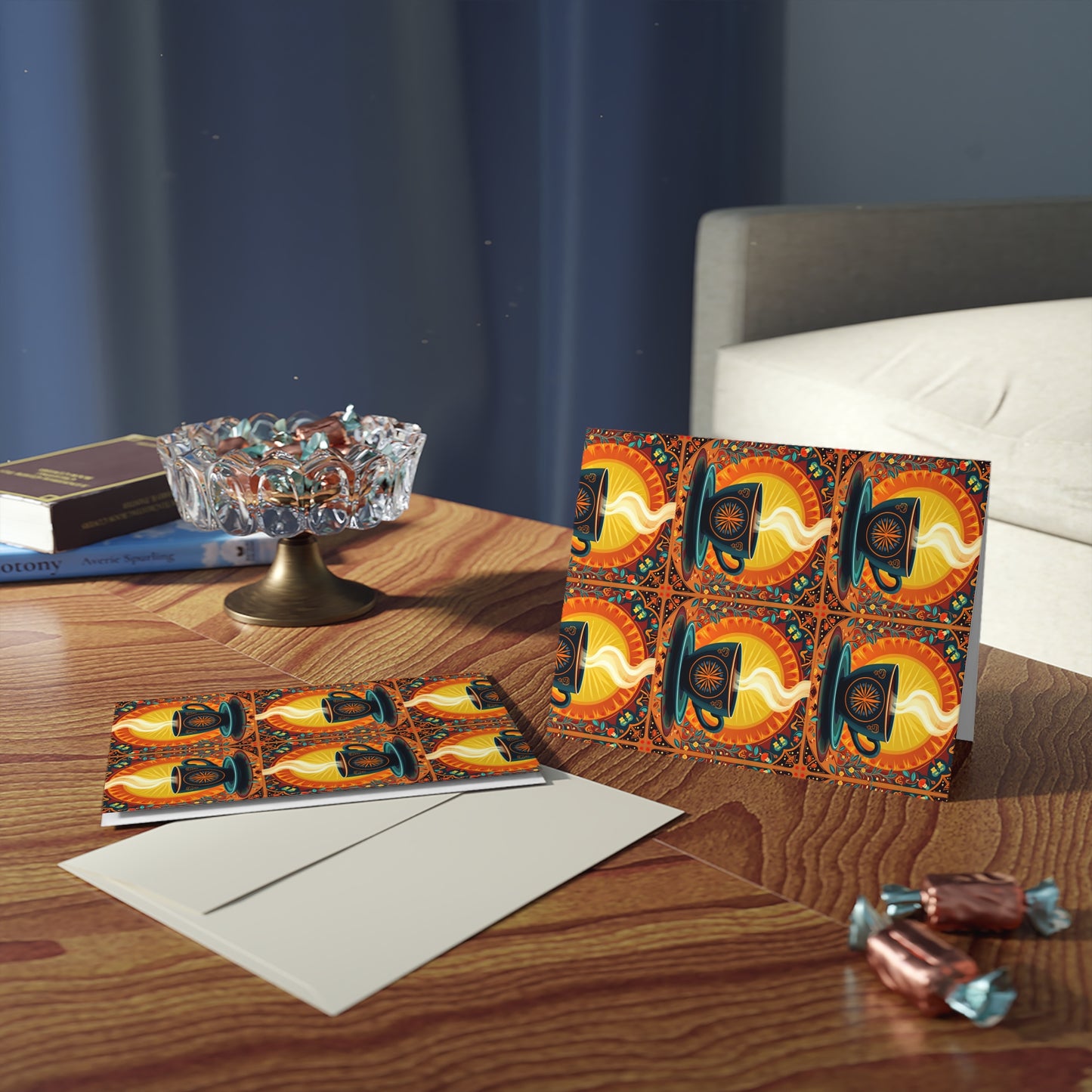 A wooden table with African-inspired greeting cards, white envelopes, a glass bowl of wrapped chocolates, a book, and a gray sofa in the background. Sunlight streams in, casting shadows and creating a cozy, inviting atmosphere.