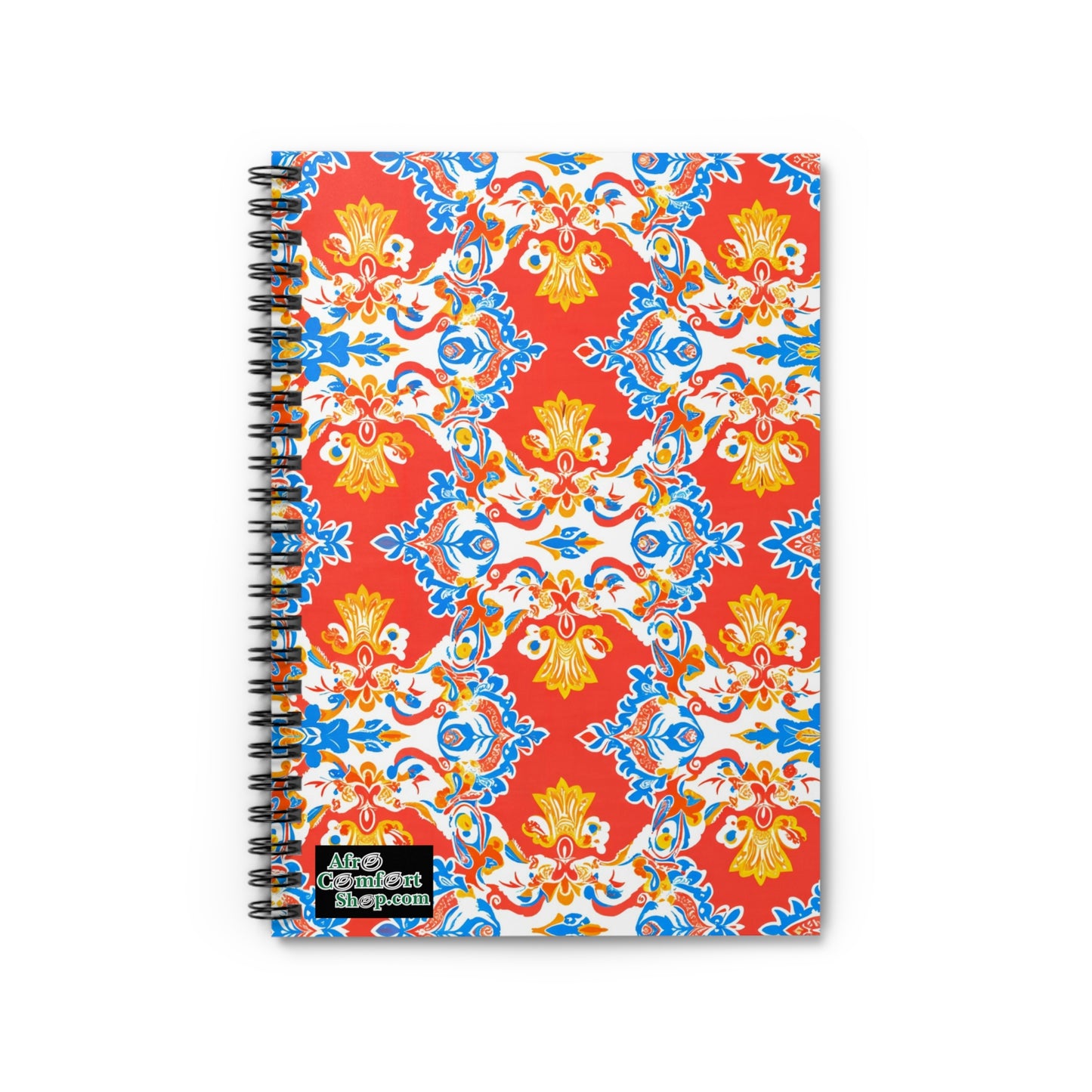 A spiral-bound notebook with a vibrant, ornate cover featuring African-inspired floral and decorative patterns in red, yellow, and blue. A small black label reads “Alea’s Colorful Shop.com.” The notebook is set on a white background.