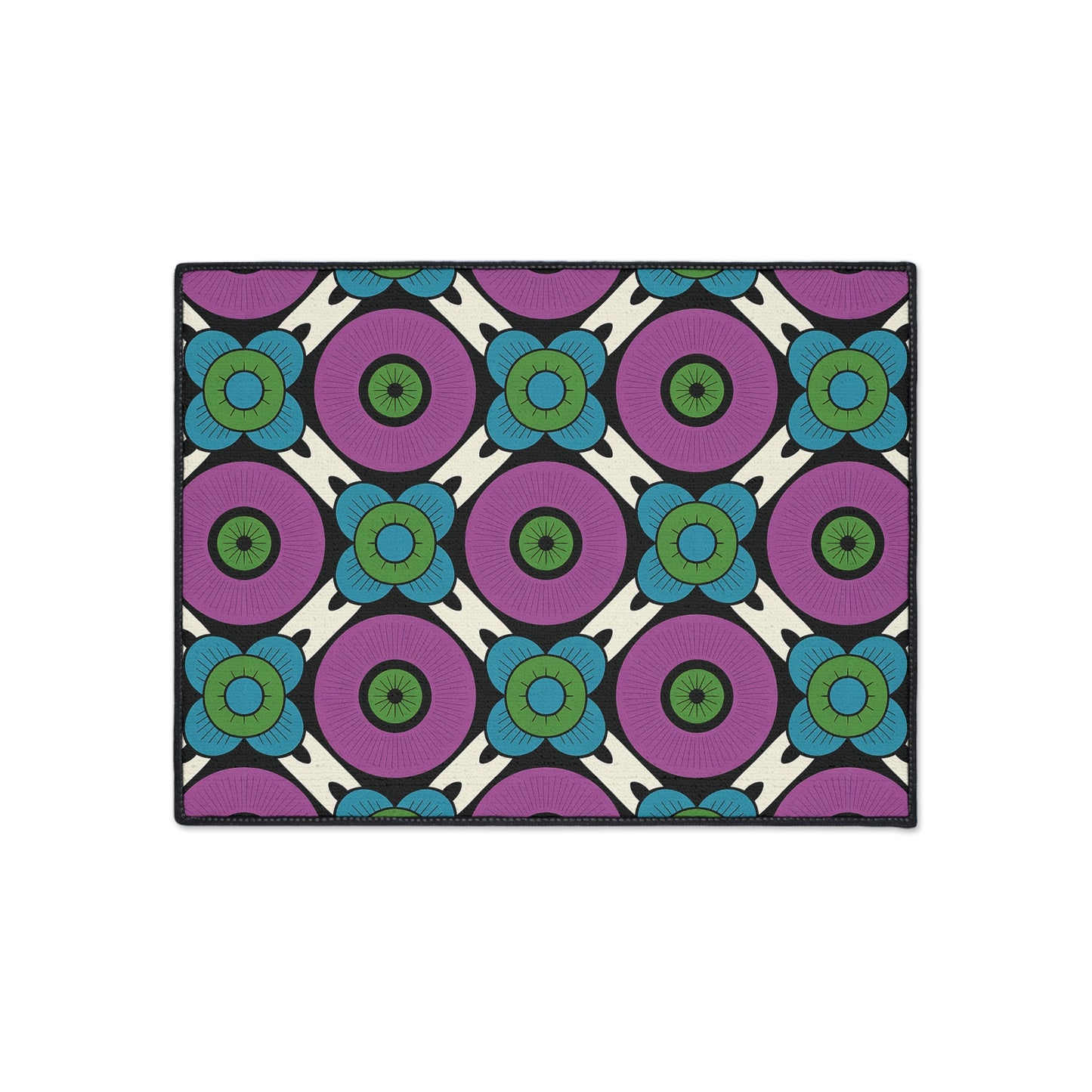 Rectangular rug with a bold, repeating geometric floral pattern inspired by African-inspired aesthetics. Purple circles with green centers, blue petaled flowers, and black outlines sit atop a white background—plus non-slip backing for secure placement.