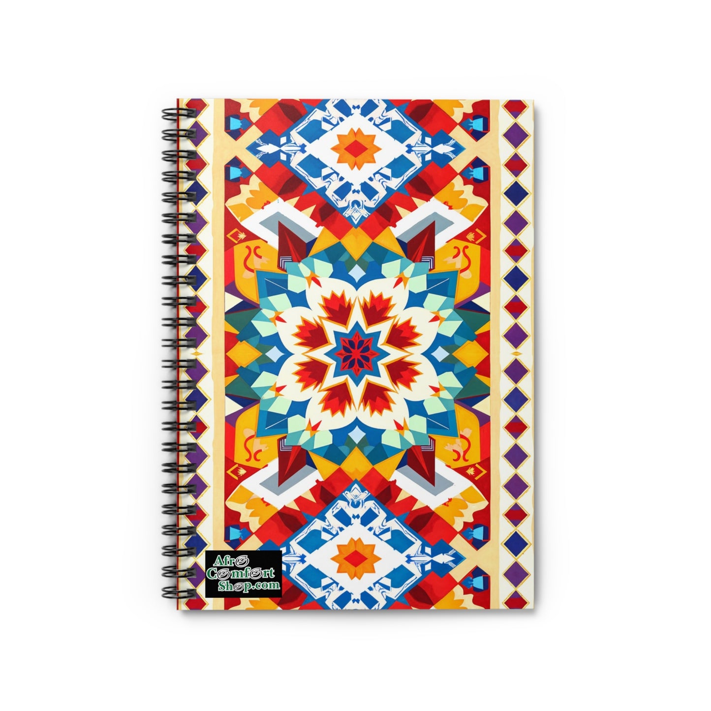 A spiral-bound notebook with a colorful geometric cover showcases culturally inspired designs in blue, red, yellow, and white. The bottom left corner displays a small green and white Alex Comfort Shop.com logo.