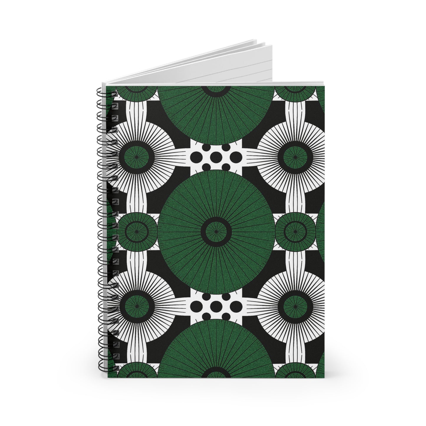 A spiral-bound African-inspired notebook with a bold geometric cover. Large green circles and starburst shapes alternate with black-and-white accents, creating a culturally inspired design against a striking polka-dotted background.