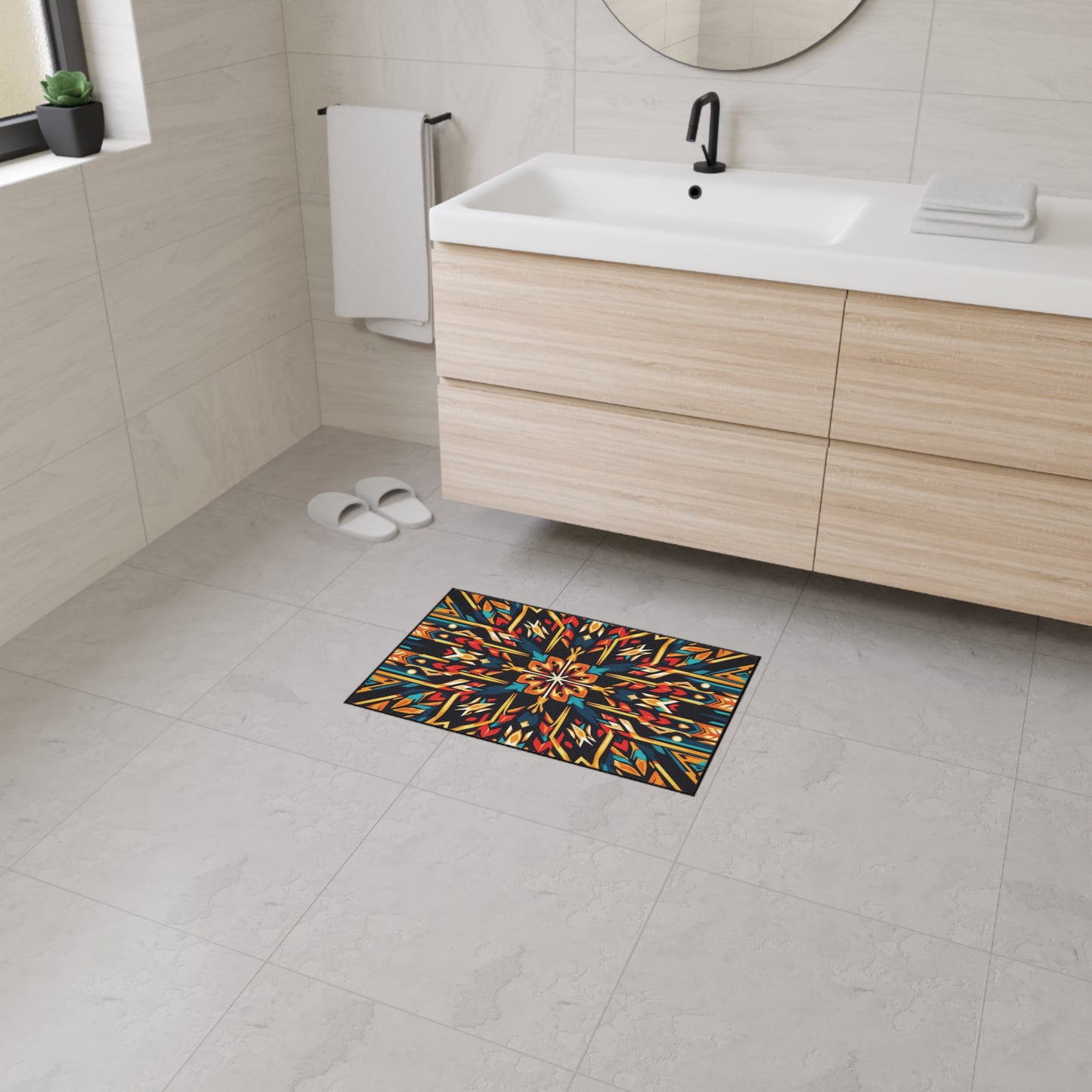 A modern bathroom with light-colored tiles, a wooden vanity with a white sink, a round mirror, towels, white slippers by the wall, and an African-inspired, colorful geometric-patterned non-slip mat centered on the floor.