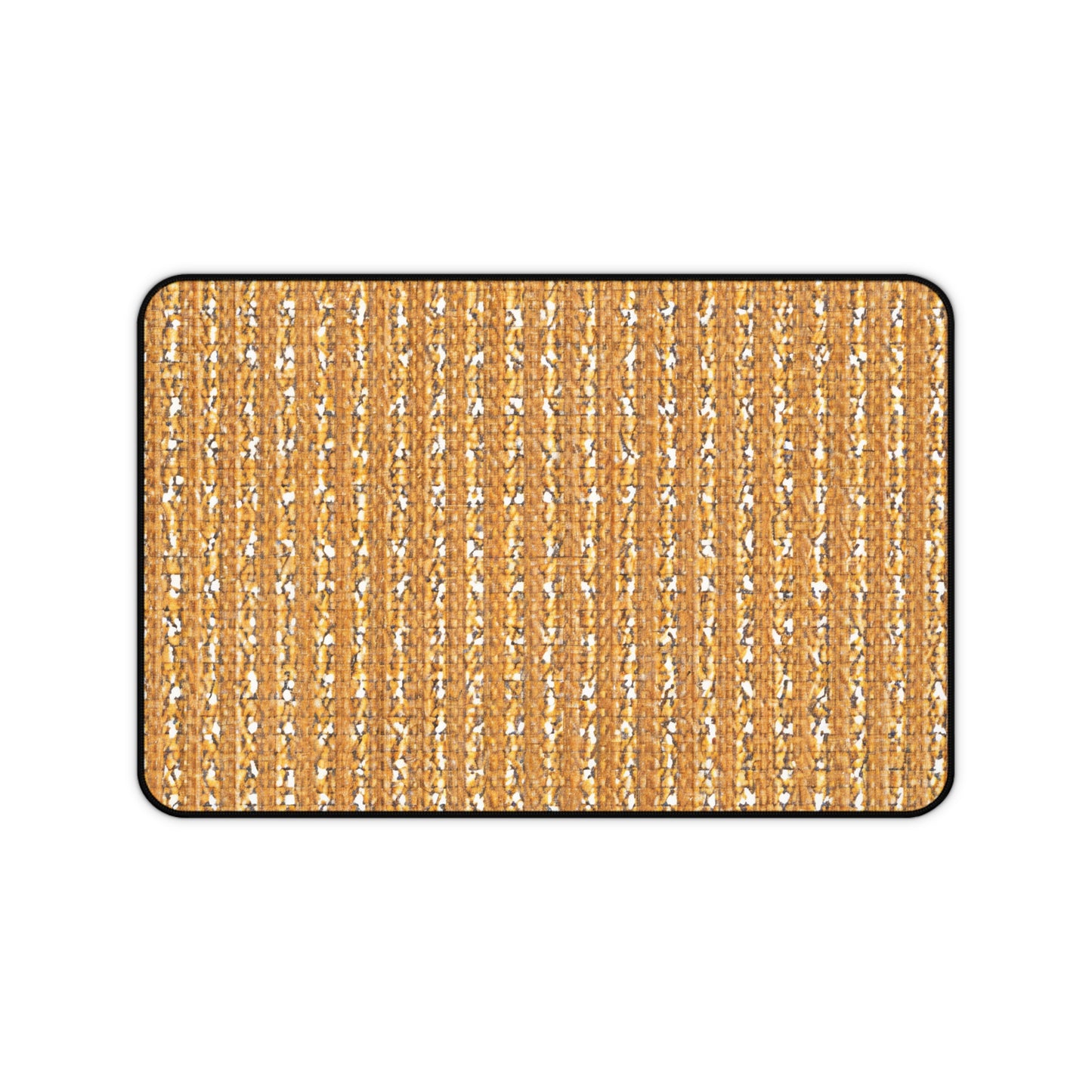 A rectangular woven neoprene desk mat with a brown and tan color pattern, featuring vertical rows of tightly interlaced fibers. The edges are rounded and outlined in black, creating an ergonomic desk mat for any workspace. Background is plain white.