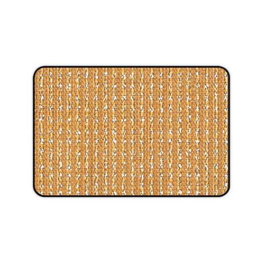 A rectangular woven neoprene desk mat with a brown and tan color pattern, featuring vertical rows of tightly interlaced fibers. The edges are rounded and outlined in black, creating an ergonomic desk mat for any workspace. Background is plain white.