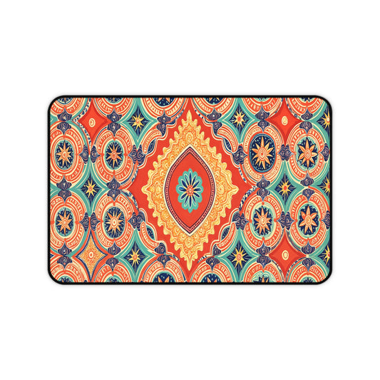 Rectangular Neoprene desk mat featuring an intricate mandala pattern in orange, yellow, teal, navy blue, and cream. Ideal as a colorful workspace accessory, it brings vibrant symmetry and comfort to your desk setup.