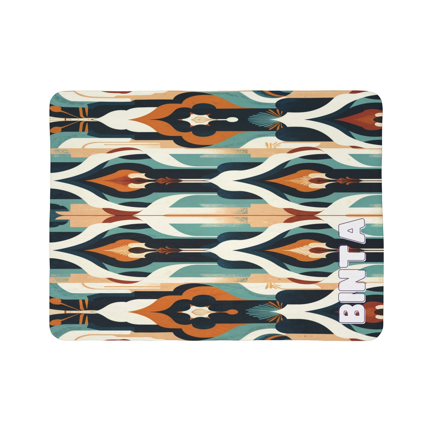 A rectangular, African-inspired fleece blanket featuring a colorful geometric pattern in teal, orange, cream, and black. The word BINTA in bold white letters appears in the lower right corner. Symmetrical wavy and floral shapes give this personalized blanket its charm.