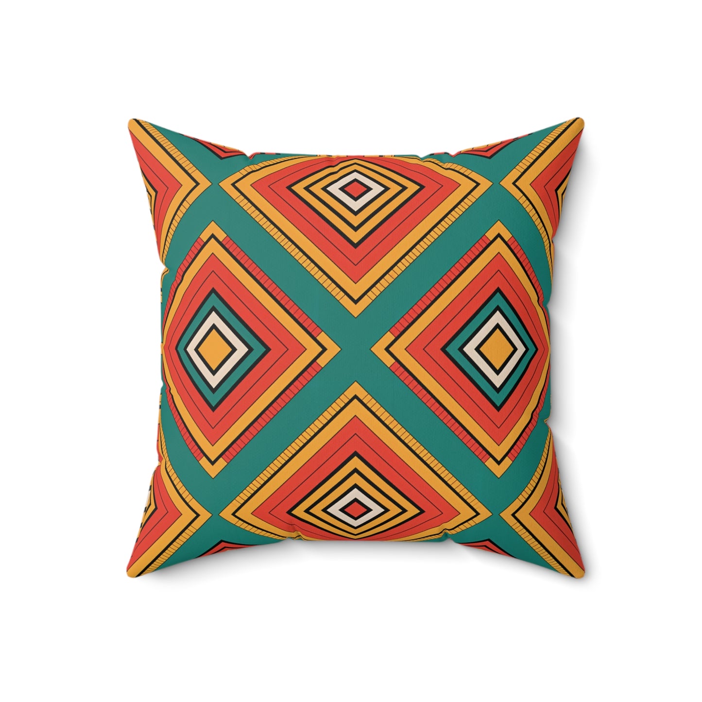 A square pillow with vibrant patterns inspired by African-Inspired pillows, featuring overlapping diamond shapes in red, orange, yellow, and black on a teal background. The bold, symmetrical design is perfect for adding unique decor to any space. Shown on a white background.