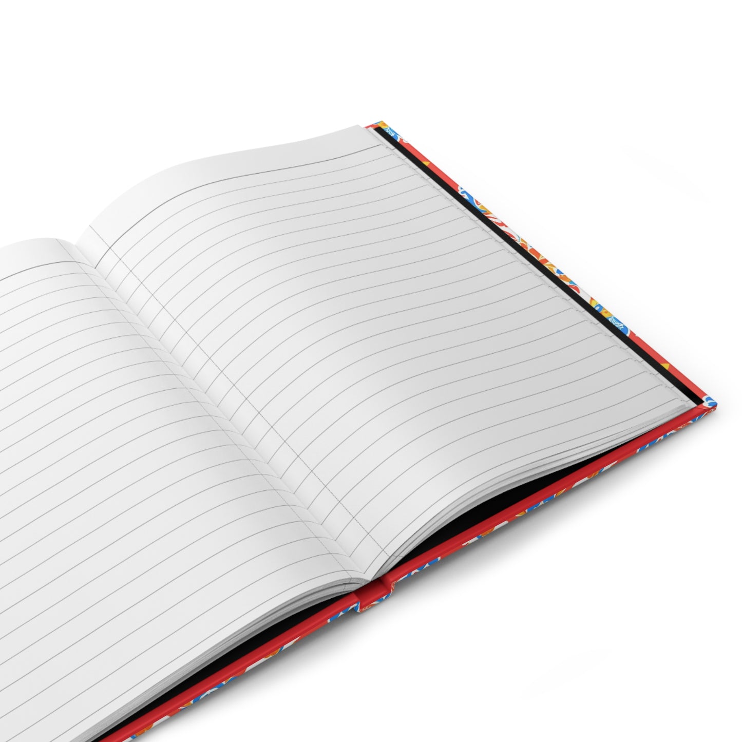 An open, durable writing journal with wide-ruled, lined white pages and a red outer cover. The notebook is angled on a white background, with part of the colorful inside cover visible near the spine. The pages appear clean and unused.