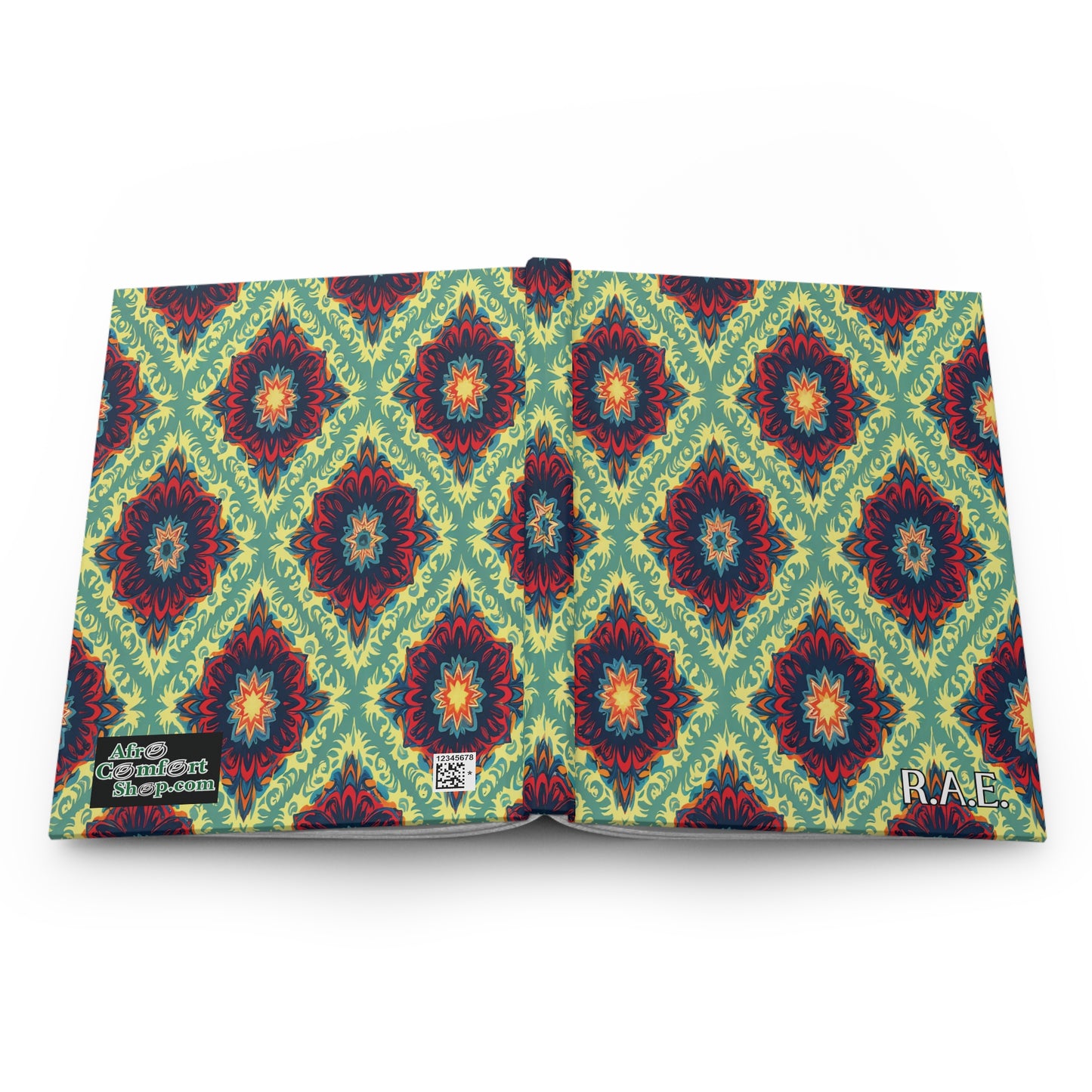 An open African-inspired personalized journal displays a vibrant cover with a repeating geometric floral pattern in red, teal, yellow, and navy on light green. The bottom corners feature labels: “Alice Colossarte Bibliotheca” and “R.A.E.”.