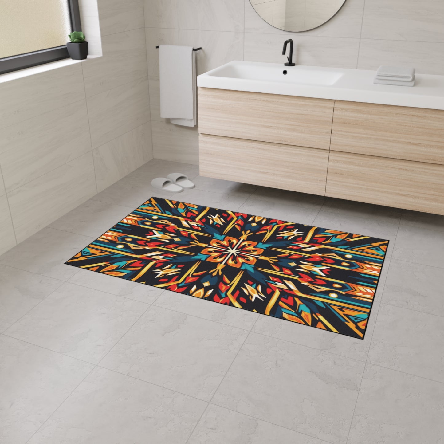 Modern bathroom with light gray tile floors and walls, a floating wood vanity, round mirror, towel, and slippers. A colorful custom floor mat with African-inspired aesthetics and non-slip rubber backing brightens the space.