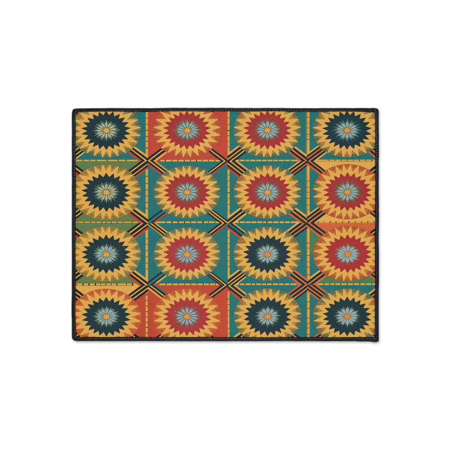Rectangular rug with a repeating geometric pattern of radiating starburst shapes in red, yellow, blue, and green. African-inspired aesthetics shine through diamond grids on a white background. Features non-slip rubber backing for added safety.