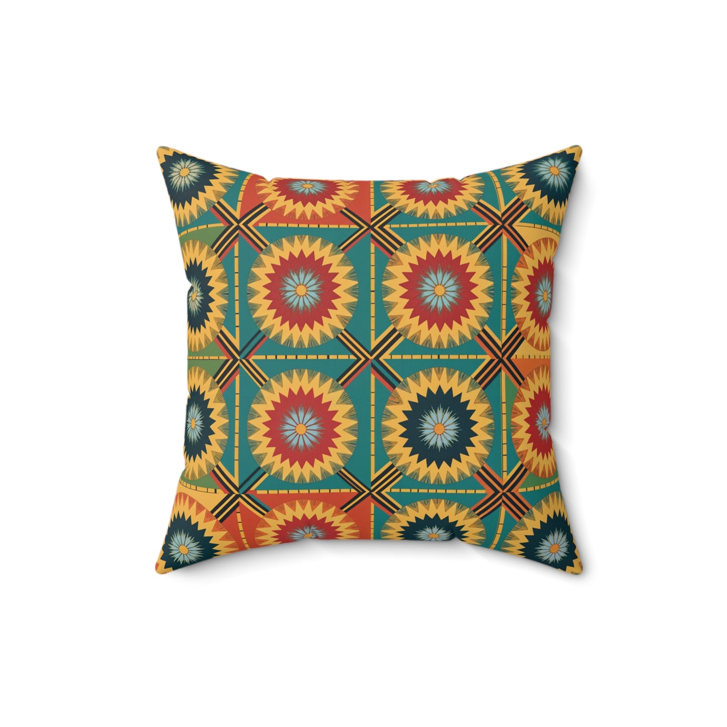A square pillow featuring a geometric, quilt-like pattern with sunburst shapes in red, yellow, blue, and green. This African-inspired pillow boasts vibrant designs of repeating starbursts and lines on a white background—perfect for unique decor.