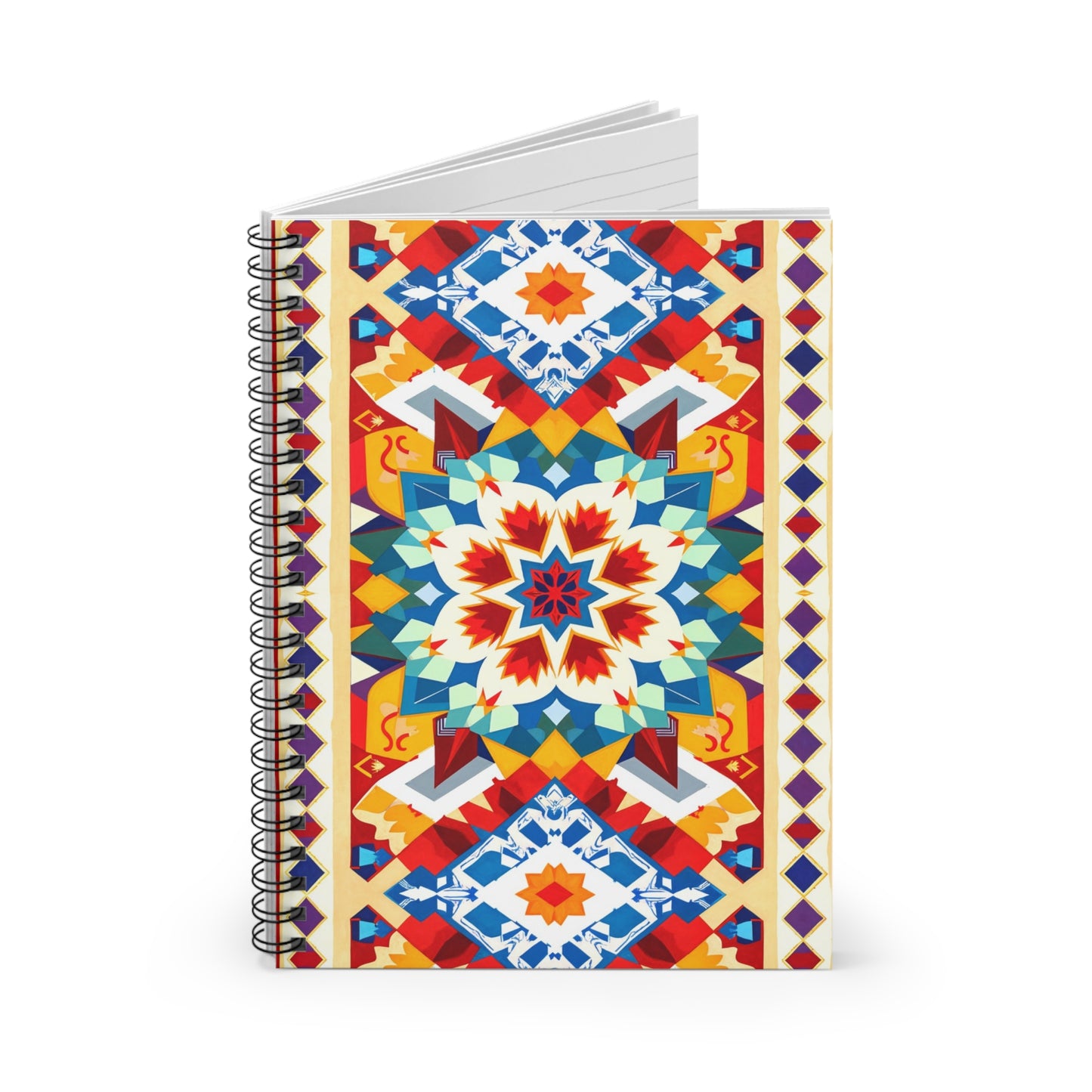 A vibrant, African-inspired spiral notebook with a geometric cover design. The pattern features a central starburst and colorful diamond shapes, offering culturally inspired designs and a premium writing experience. The notebook is open slightly.