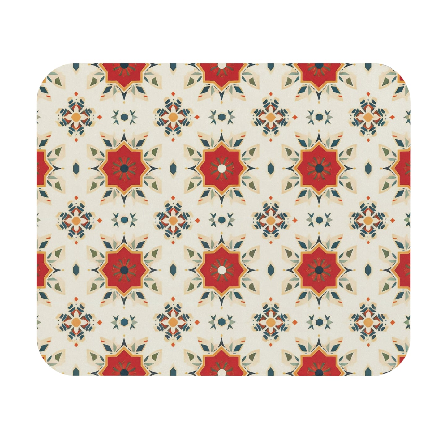 A repeating geometric pattern features red, orange, and green star-shaped motifs on a cream background. This African-inspired mouse pad is a creative desk accessory with layered points and a non-slip rubber base for added stability.