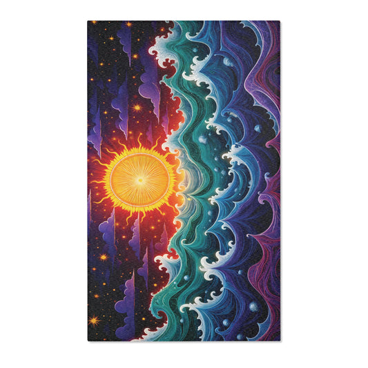 A vibrant, stylized illustration recalls African design rugs, with a radiant sun on the left and swirling, multicolored waves flowing right. Small stars dot the dark background, blending cosmic and aquatic themes into colorful home decor inspiration.