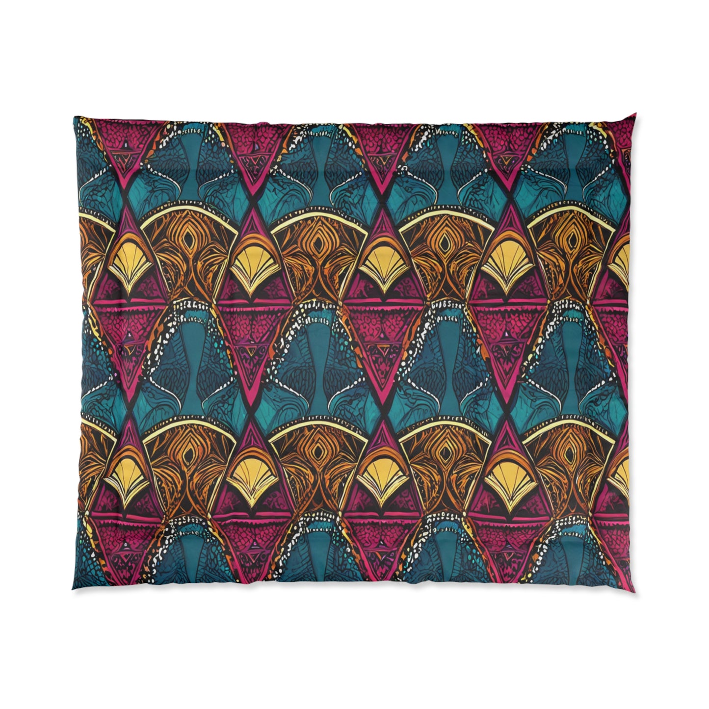 A rectangular pillowcase featuring a vibrant, African-inspired geometric pattern of repeating triangles in teal, yellow, and maroon, filled with symmetrical, intricate line designs resembling leaves, dots, and fans for a bold visual effect.