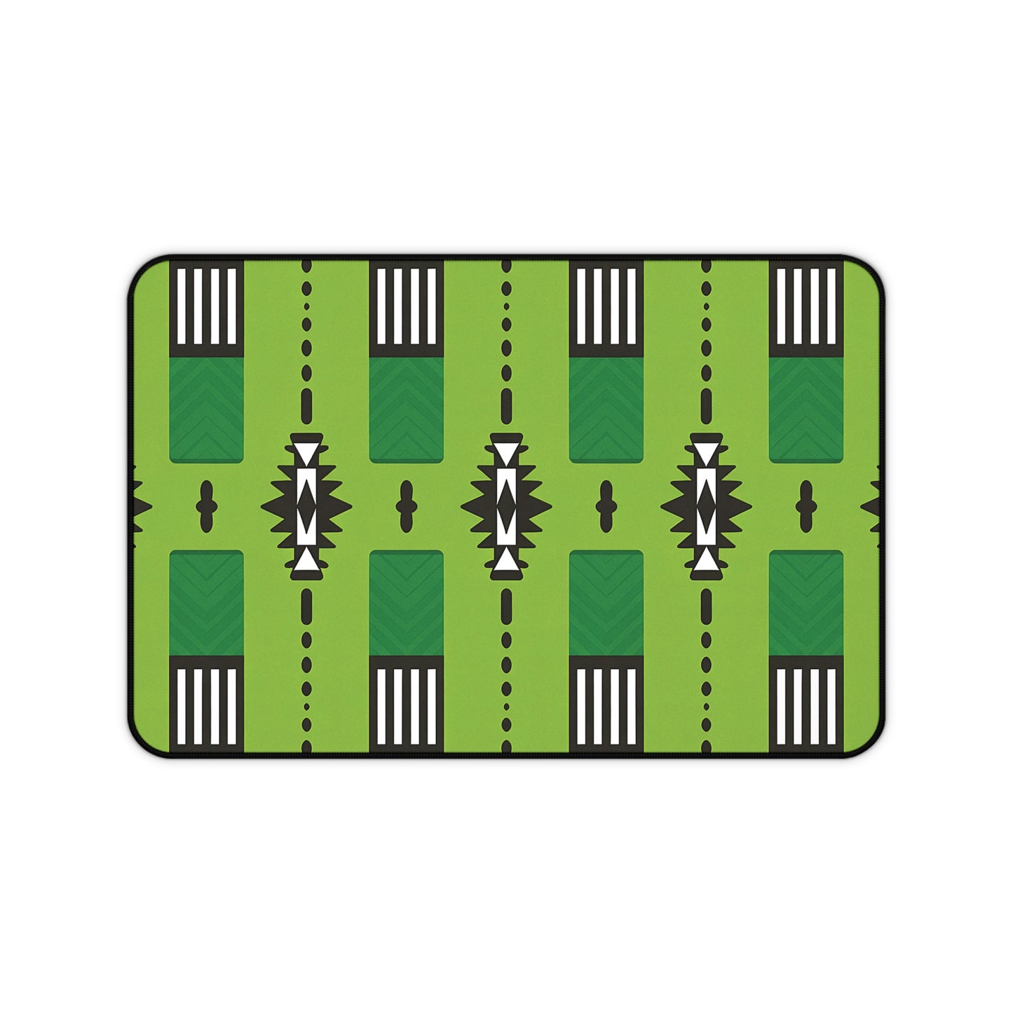 A rectangular Neoprene desk mat featuring a stylized green pattern resembling a football field, with white yard lines, black markings, arrows, chevrons, and geometric accents. Rounded edges and a black border make it an ergonomic desk mat for any workspace.